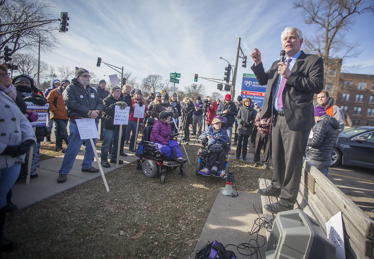 Representative Paul Thissen addressed SEIU workers as they staged a one-day strike at Mayo's hospital, Tuesday, December 19, 2017 in Albert Lea, MN. The strike is part of the ongoing labor-community uprising against Mayo's consolidation of its southern Minnesota hospitals. ] ELIZABETH FLORES &#xef; liz.flores@startribune.com