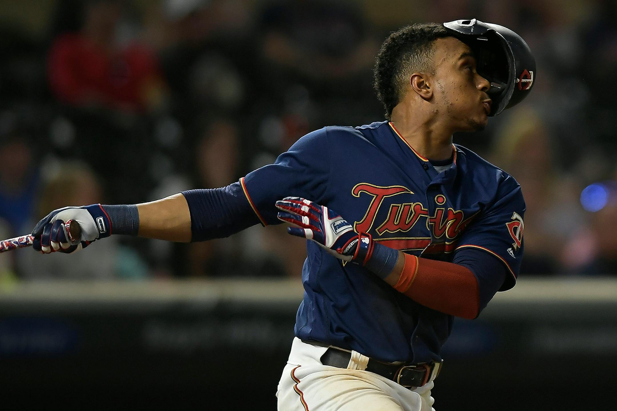 Minnesota Twins shortstop Jorge Polanco (11) lost his helmet as he swung at the ball in the bottom of the ninth inning Saturday night. ] Aaron Lavinsky • aaron.lavinsky@startribune.com The Minnesota Twins played the Kansas City Royals on Saturday, Sept. 21, 2019 at Target Field in Minneapolis, Minn.