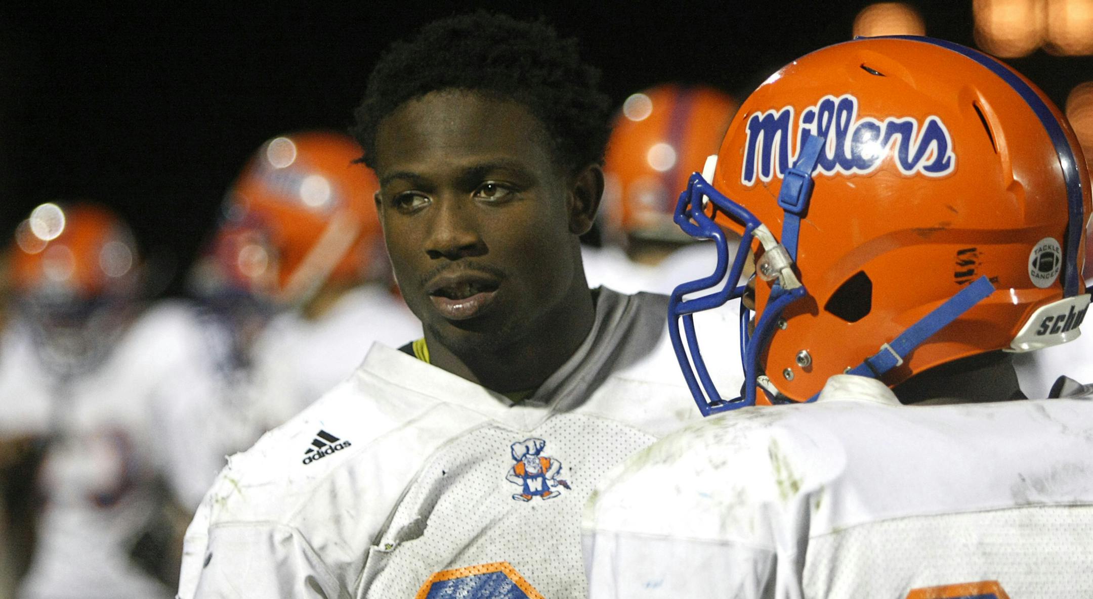 Washburn running back Jeffrey Jones on the sidelines during the Millers 41-7 victory at Southwest high school in Minneapolis on Friday, October 11. Jones scored five touchdowns in the game. ] Chris Kelleher, Special to the Star Tribune, 10/11/2013, Minneapolis, MN. ORG XMIT: MIN1310141042526044