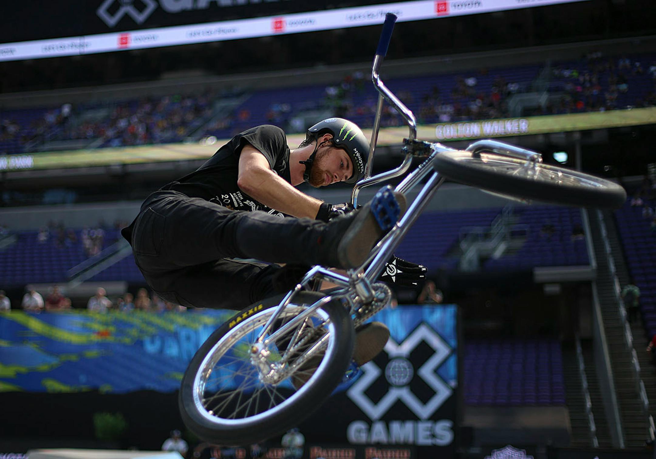 Colton Walker pulls off a trick during one of his runs in the men's BMX park final.