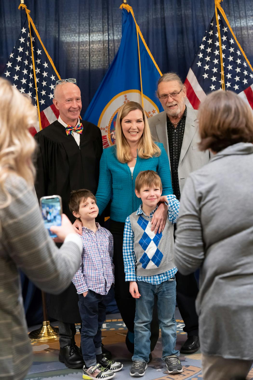 Sen. Nicole Mitchell, DFL-Woodbury, posed with family members for a portrait on the first day of session at the state Capitol. 