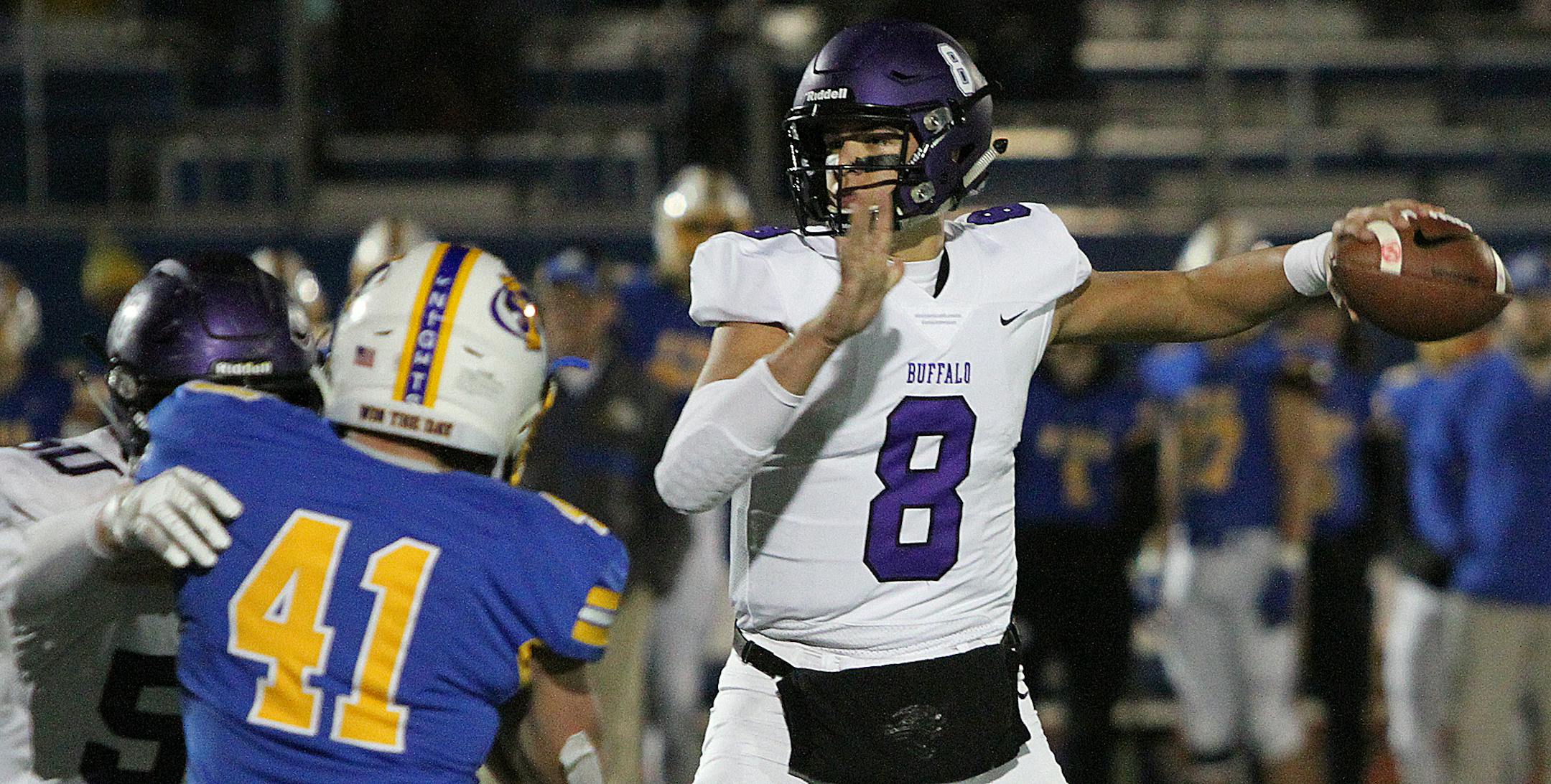 Buffalo senior quarterback Aidan Bouman threw two touchdown passes to help lead the Bison to a 17-14 upset over St. Michael-Albertville last Friday. Photo by Drew Herron, SportsEngine