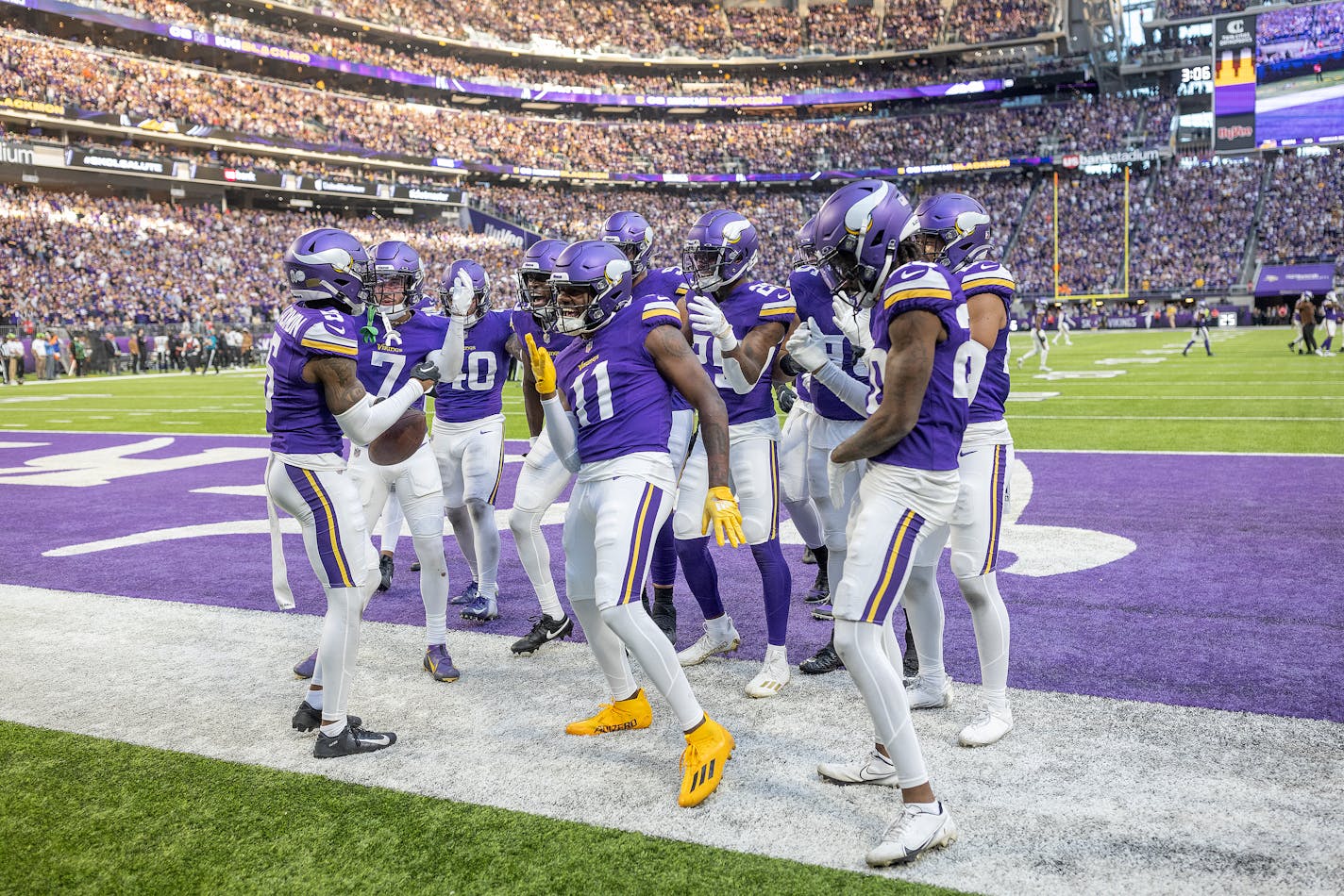 Vikings defense celebrate after cornerback Mekhi Blackmon (5) intercepted a pass intended for Saints wide receiver Chris Olave (12) during the fourth quarter at U.S. Bank Stadium in Minneapolis, Minn., on Friday, Nov. 10, 2023. ] Elizabeth Flores • liz.flores@startribune.com