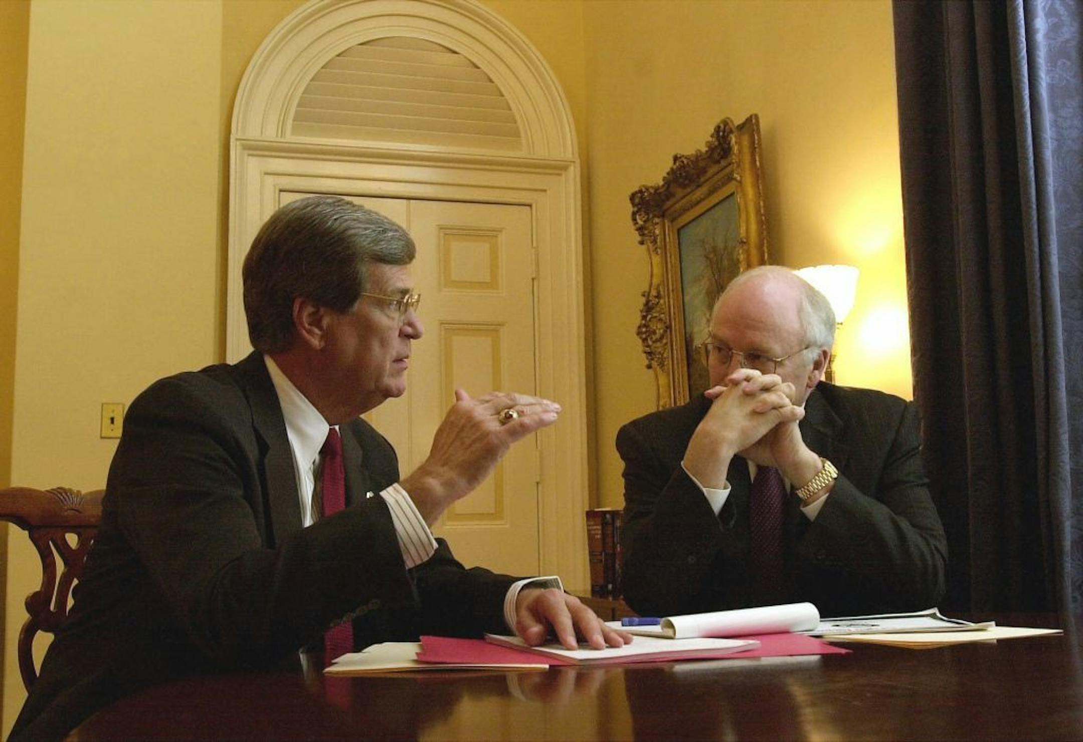 Vice President Dick Cheney and Senate Majority Leader Trent Lott, R-Miss., left, discuss the 2002 budget being debated on the Senate floor, during a meeting in Lott's private office on Capitol Hill Tuesday, April 3, 2001, in Washington.