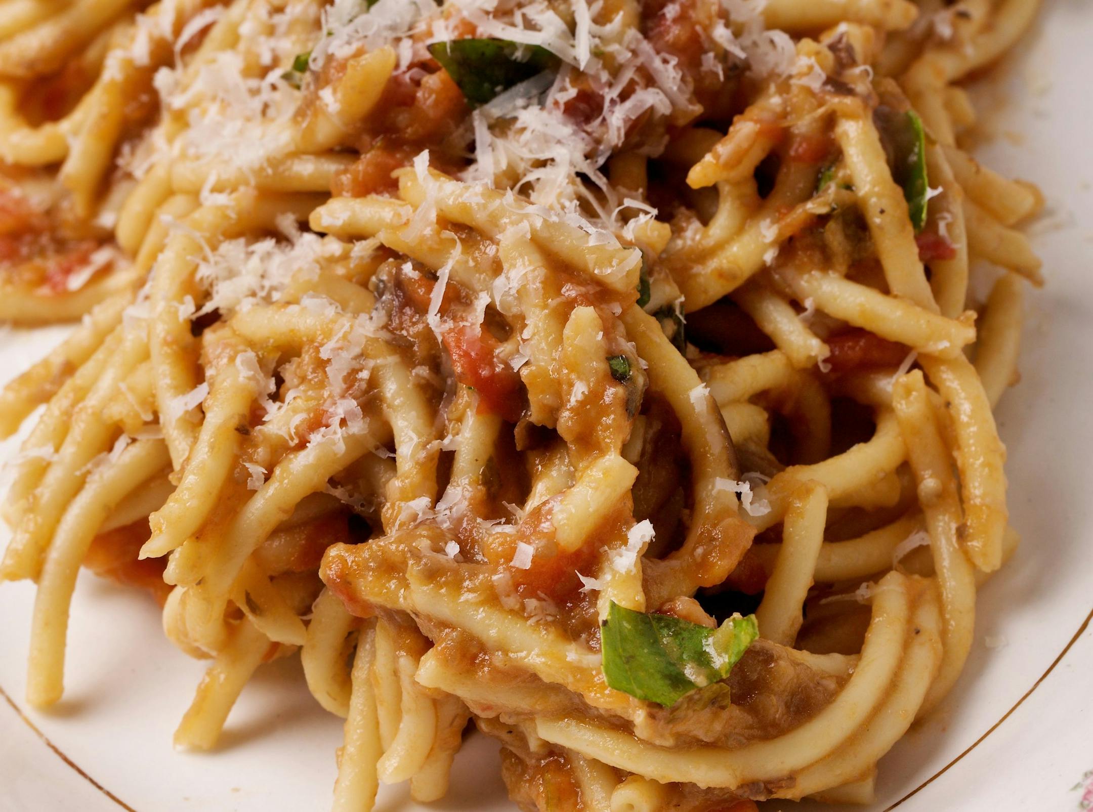 Bucatini in Chunky Eggplant Sauce.