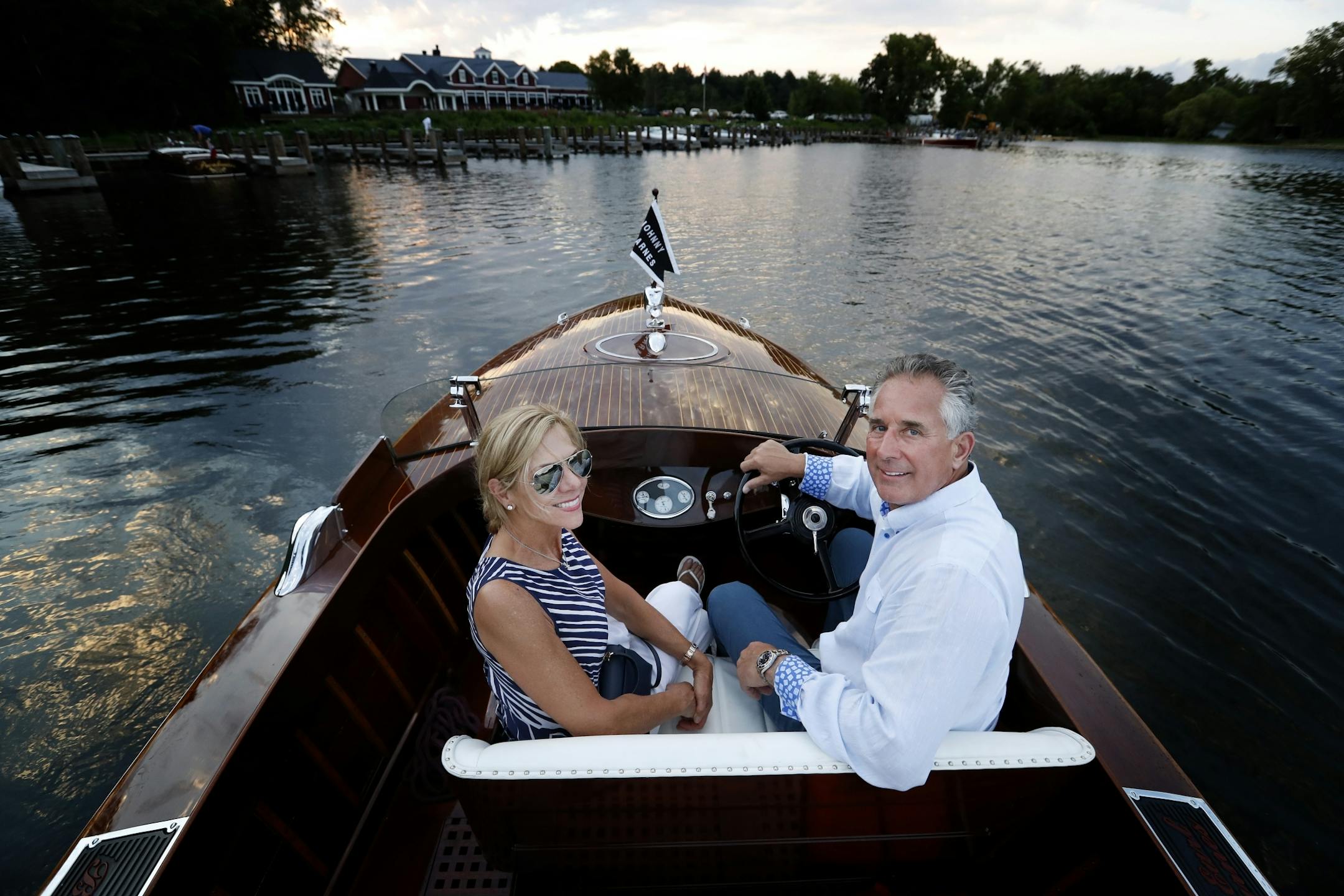 John and Becky Allen in the Johnny Barnes, a 26-foot triple cockpit 1931 Earl C. Barnes powered by a 1931 F Scripps Gold Cup engine built in Gravenhurst Canada.