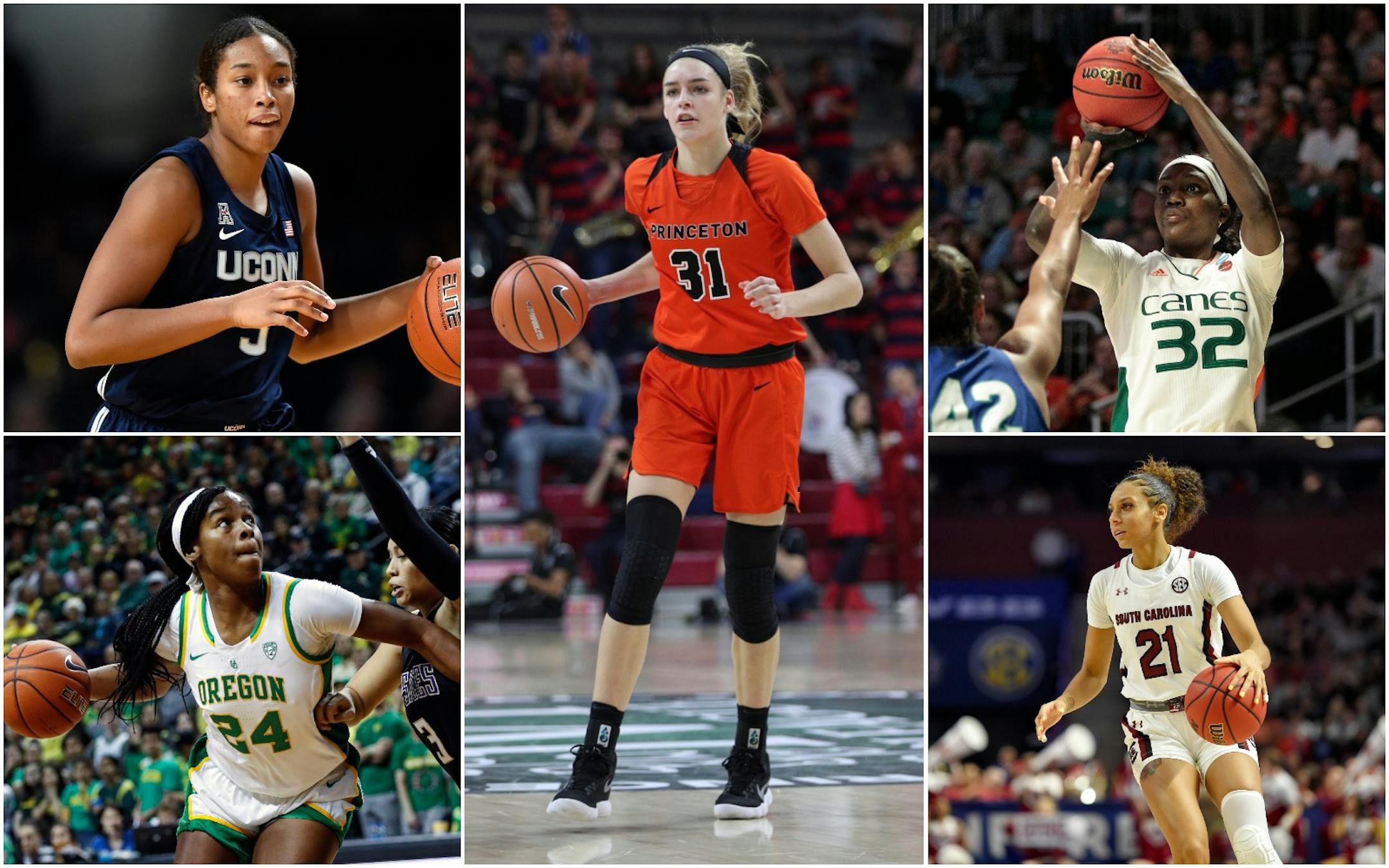 Possible selections for the Lynx at No. 6 in Friday's draft (clockwise from upper left): Connecticut's Megan Walker, Princeton's Bella Alarie, Miami's Beatrice Mompremier, South Carolina's Mikiah Herbert Harrigan and Oregon's Ruthy Hebard.