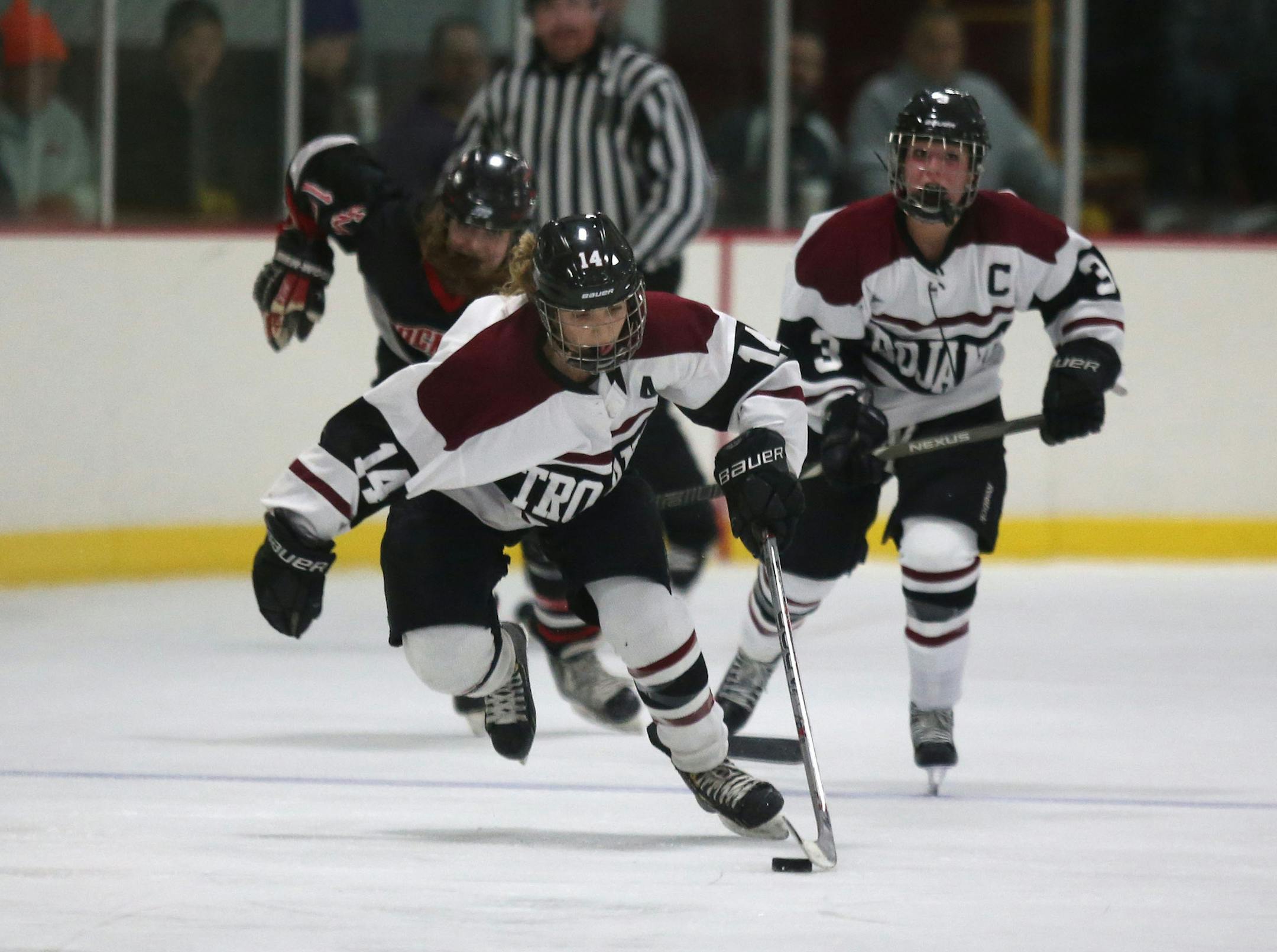New Prague freshman center Catie Skaja, shown in a Nov. 13 game against Rochester John Marshall, had 33 goals and 28 assists as an eighth-grader.