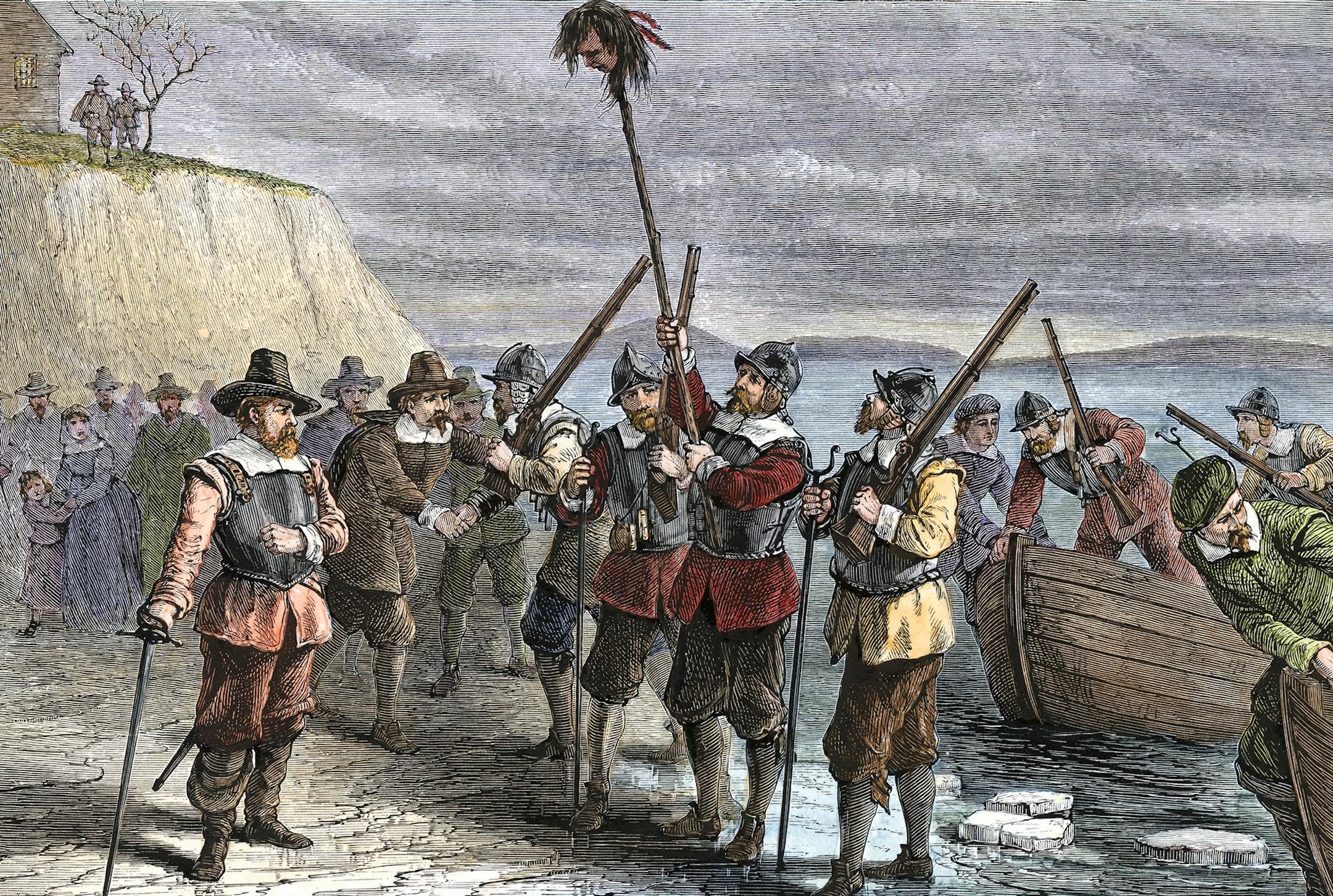 Miles Standish carrying a Native American's head on a pole into Plymouth. Hand-colored woodcut of a 19th-century illustration. (North Wind Picture Archives via AP Images) ORG XMIT: NORAR