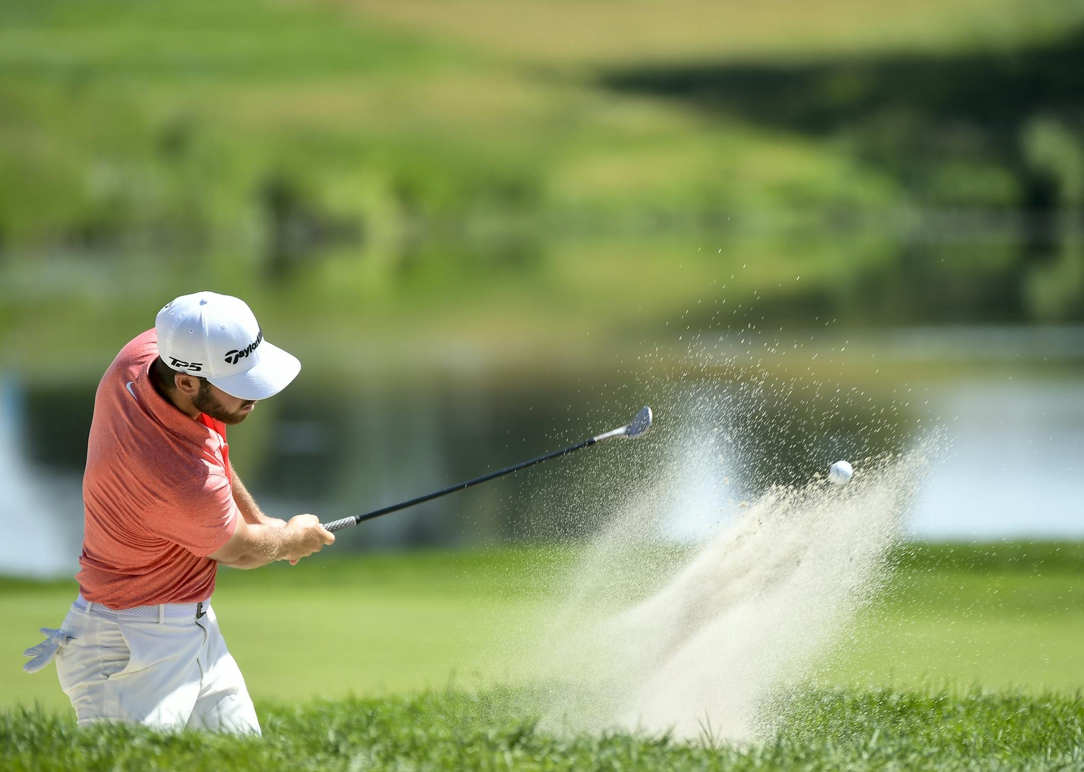 Matthew Wolff hit out of a bunker on the 7th hole onto the green Saturday during the third round of the 3M Open.