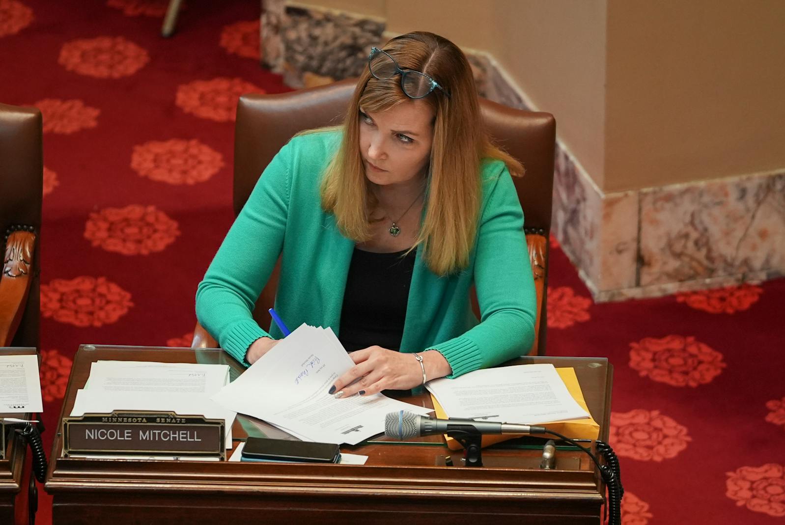 Former Sen. Nicole Mitchell in the state Senate chamber in St. Paul, Minn., on Wednesday, May 15, 2024 . Gov. Tim Walz has called a special election on Nov. 4 to replace Mitchell, who resigned after a burglary conviction, and Sen. Bruce Anderson, who died.   ] GLEN STUBBE • glen.stubbe@startribune.com