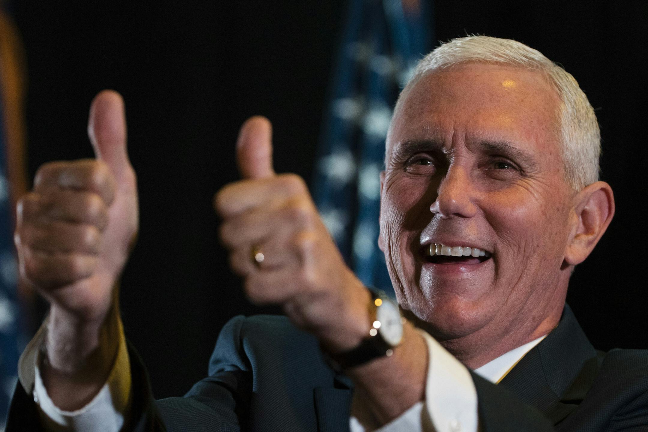 Republican vice presidential candidate, Indiana Gov. Mike Pence gestures during a campaign stop in Gettysburg, Pa., Thursday, Oct. 6, 2016. (AP Photo/Matt Rourke)
