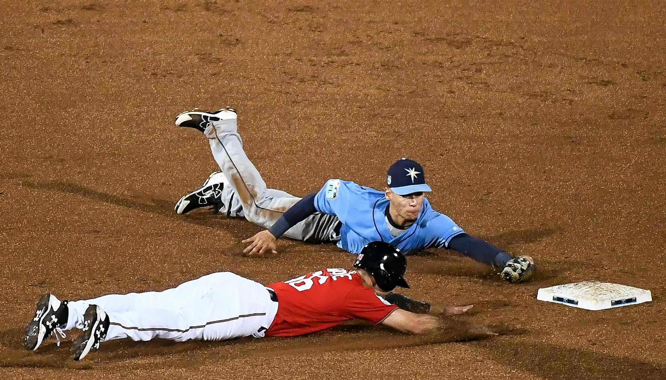 Tampa Bay shortstop Andrew Velazquez forces out Twins outfielder Zack Granite to end the inning on an unassisted double play off a hit by Twins shortstop Engelb Vielma in the bottom of the seventh inning.