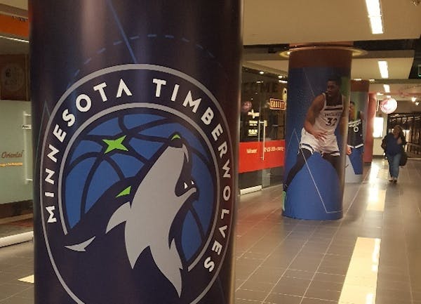 A pillar on Marquette Avenue in the Minneapolis skyway depicts the Timberwolves logo rather than Jimmy Butler.