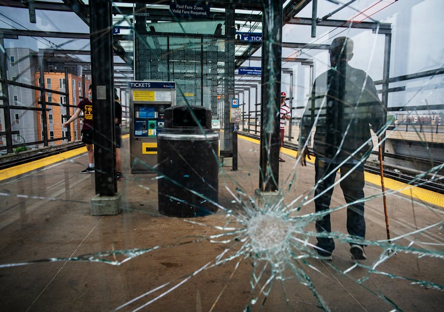 Signs of vandalism at the Blue Line Lake St. LRT station are prompting Metro Transit to hire security n Minneapolis, Minn., on Wednesday, June 15, 2022. Data points out that Blue and Green line trains crime is higher than buses. The Blue Line Lake Street and Franklin stations are where Metro Transit is in the process of hiring private security. ] RICHARD TSONG-TAATARII • richard.tsong-taatarii@startribune.com