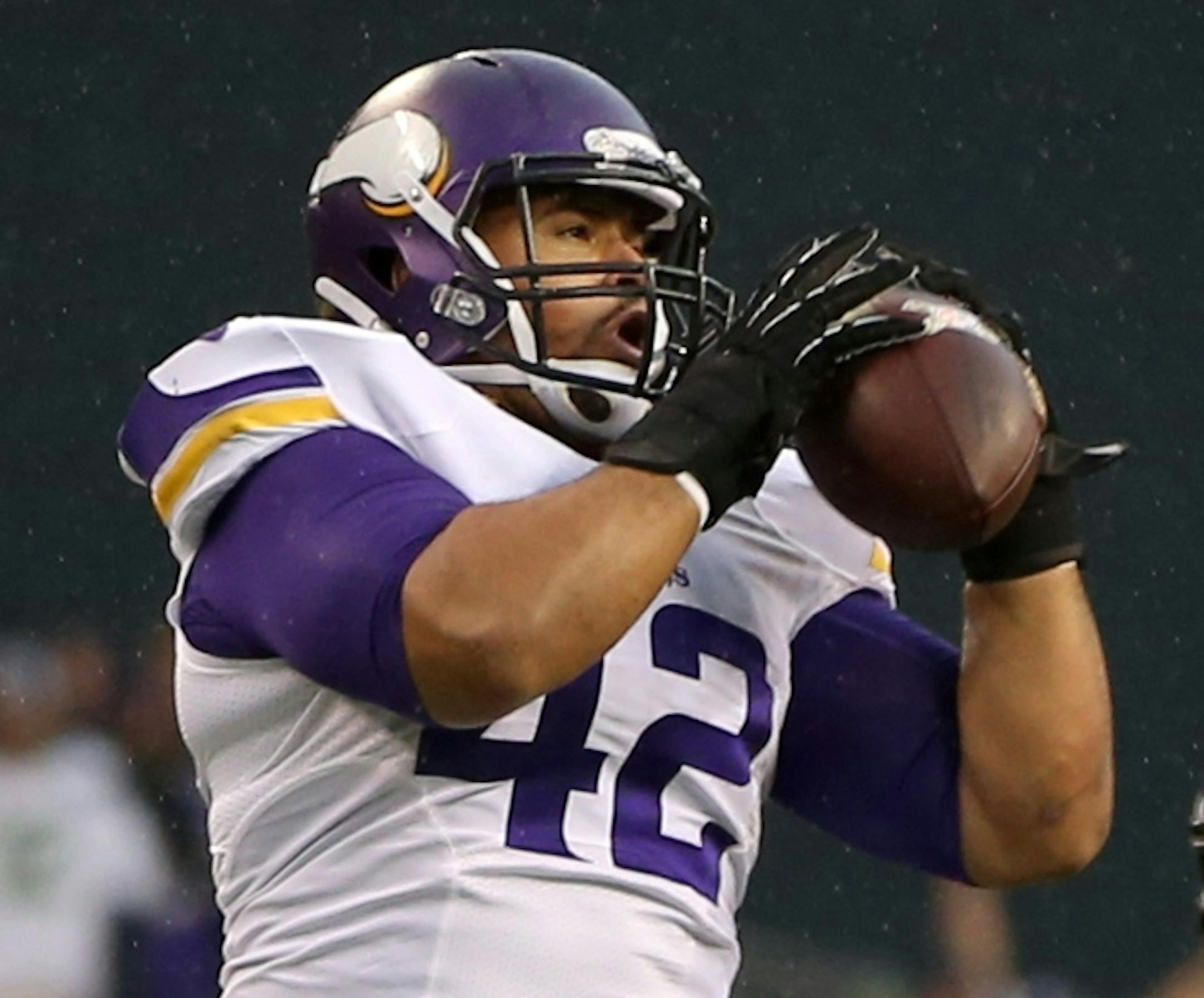 Minnesota Vikings fullback Jerome Felton (42) caught a 3-yard pass from Christian Ponder in the third quarter. The Vikings lost 42-20. ] MCKENNA EWEN · mckenna.ewen@startribune.com Minnesota Vikings and Seattle Seahawks - CenturyLink Field in Seattle, WA. - 11/07/2013 ORG XMIT: MIN1311171952192695