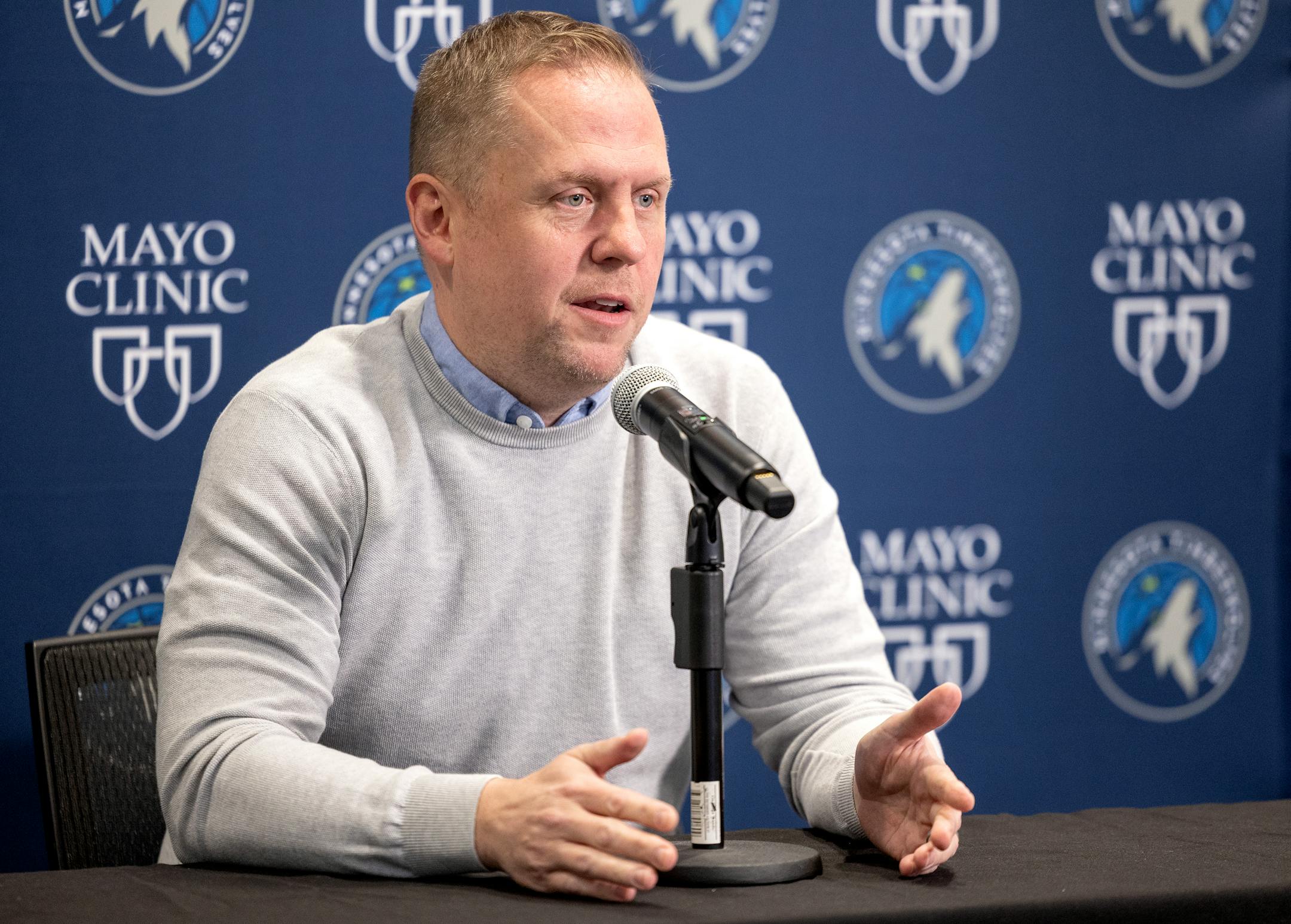 Minnesota Timberwolves President of basketball operations / General manager Tim Connelly speaks during an end of season press conference.