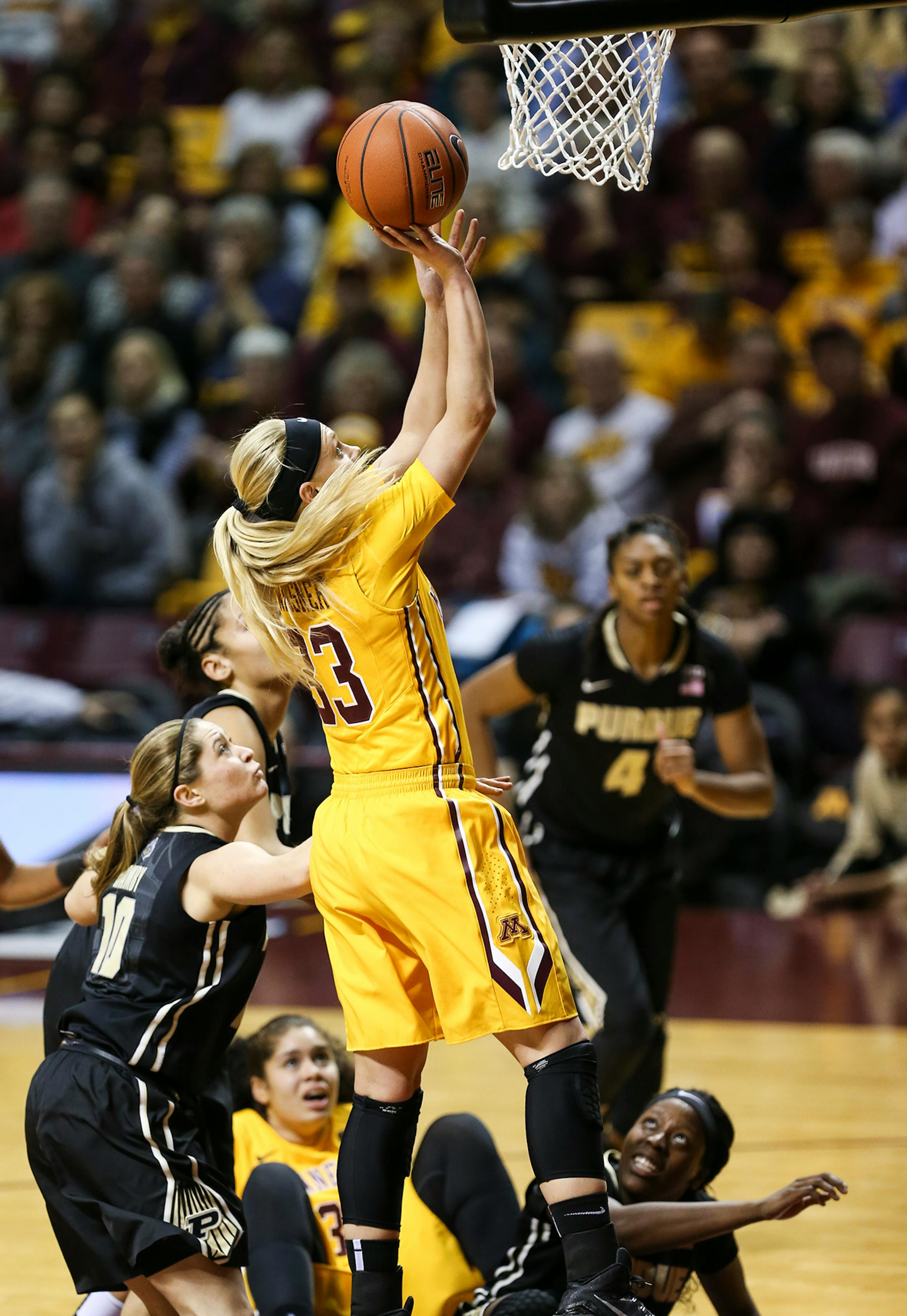 Gophers Carlie Wagner (33) made a two-point shot during the first half. ] RENEE JONES SCHNEIDER • reneejones@startribune.com Minnesota Gophers women's basketball verse. Purdue Boilermakers at Williams Arena at the University of Minnesota on Thursday, January 22, 2015 in Minneapolis, Minn.
