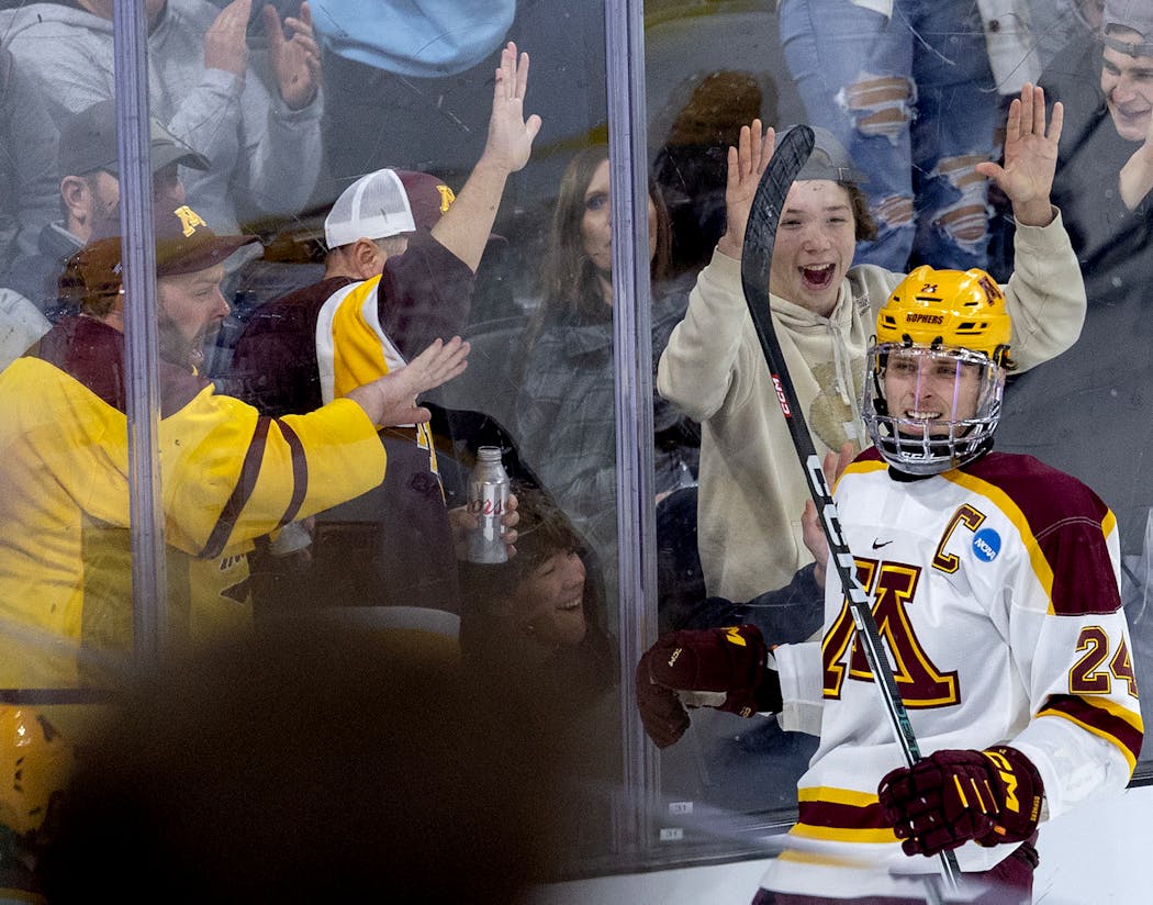 Jaxon Nelson celebrates after scoring his first of two goals against Nebraska Omaha last Thursday in Sioux Falls.