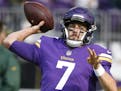 Minnesota Vikings quarterback Case Keenum (7) throws before an NFL football game against the Green Bay Packers in Minneapolis, Sunday, Oct. 15, 2017. 
