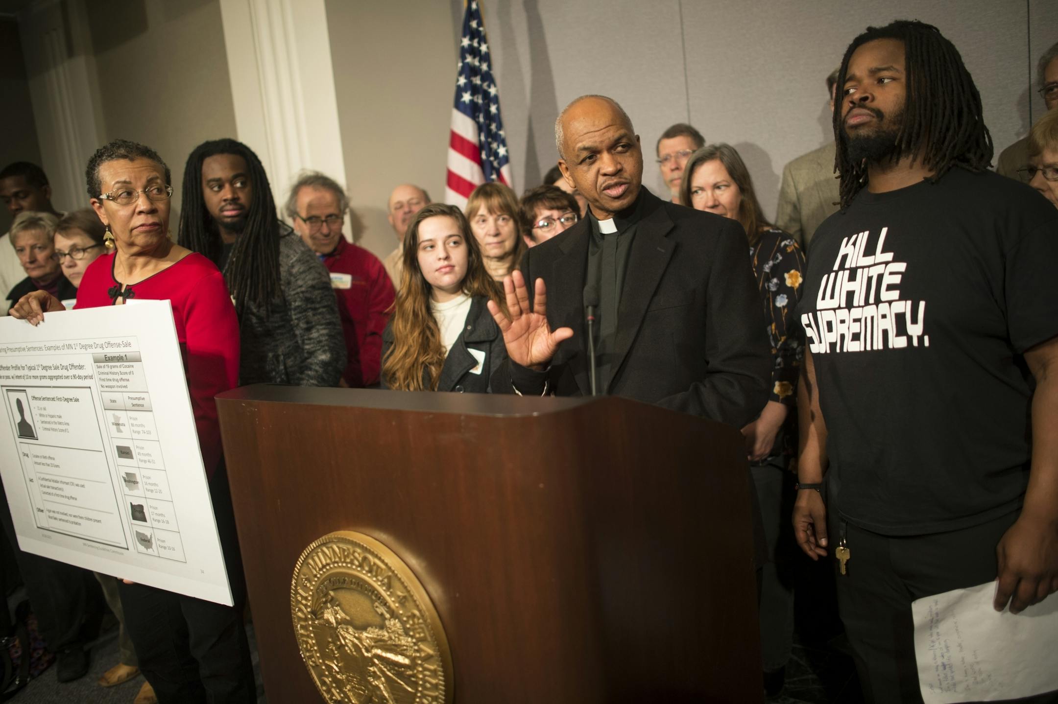 Rev. Paul Slack, president of ISAIAH, spoke to the media during a press conference held before Wednesday's public hearing on drug sentencing reform.