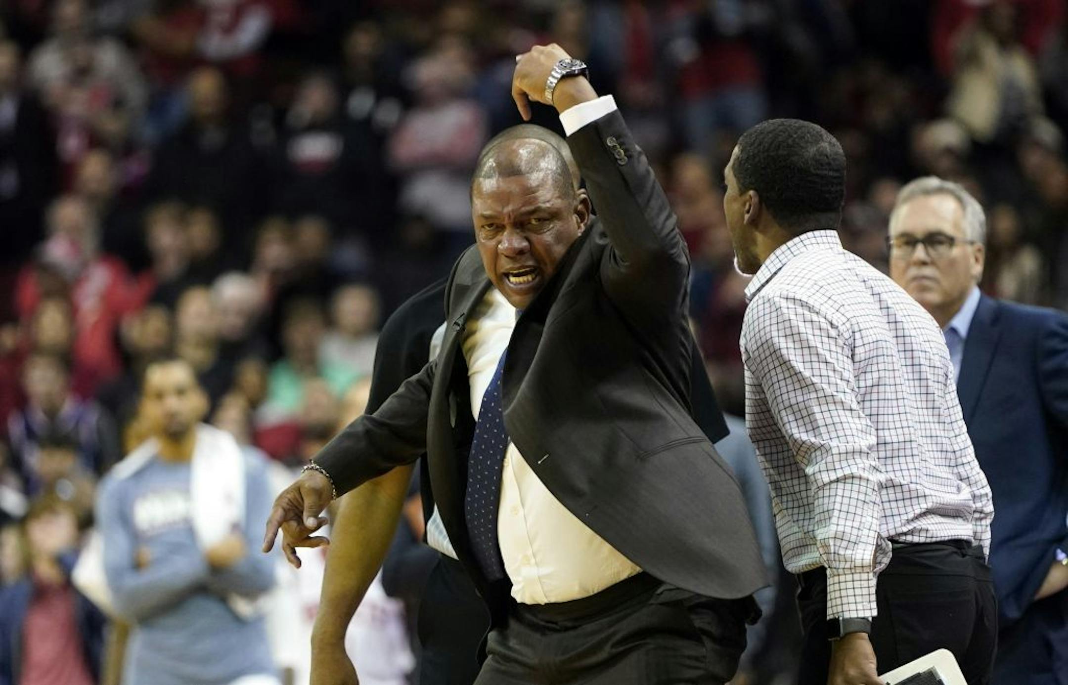 LA Clippers coach Doc Rivers yells at an official before being ejected from the game during the second half of an NBA basketball game against the Houston Rockets Wednesday, Nov. 13, 2019, in Houston. The Rockets won 102-93.
