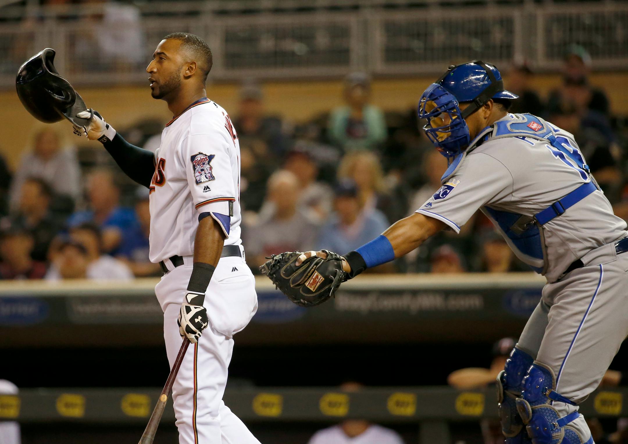 Royals catcher Salvador Perez tagged the Twins' Eduardo Nunez after Nunez struck out swinging in the fourth inning of Kansas City's 10-4 victory over the Twins on Monday night at Target Field.