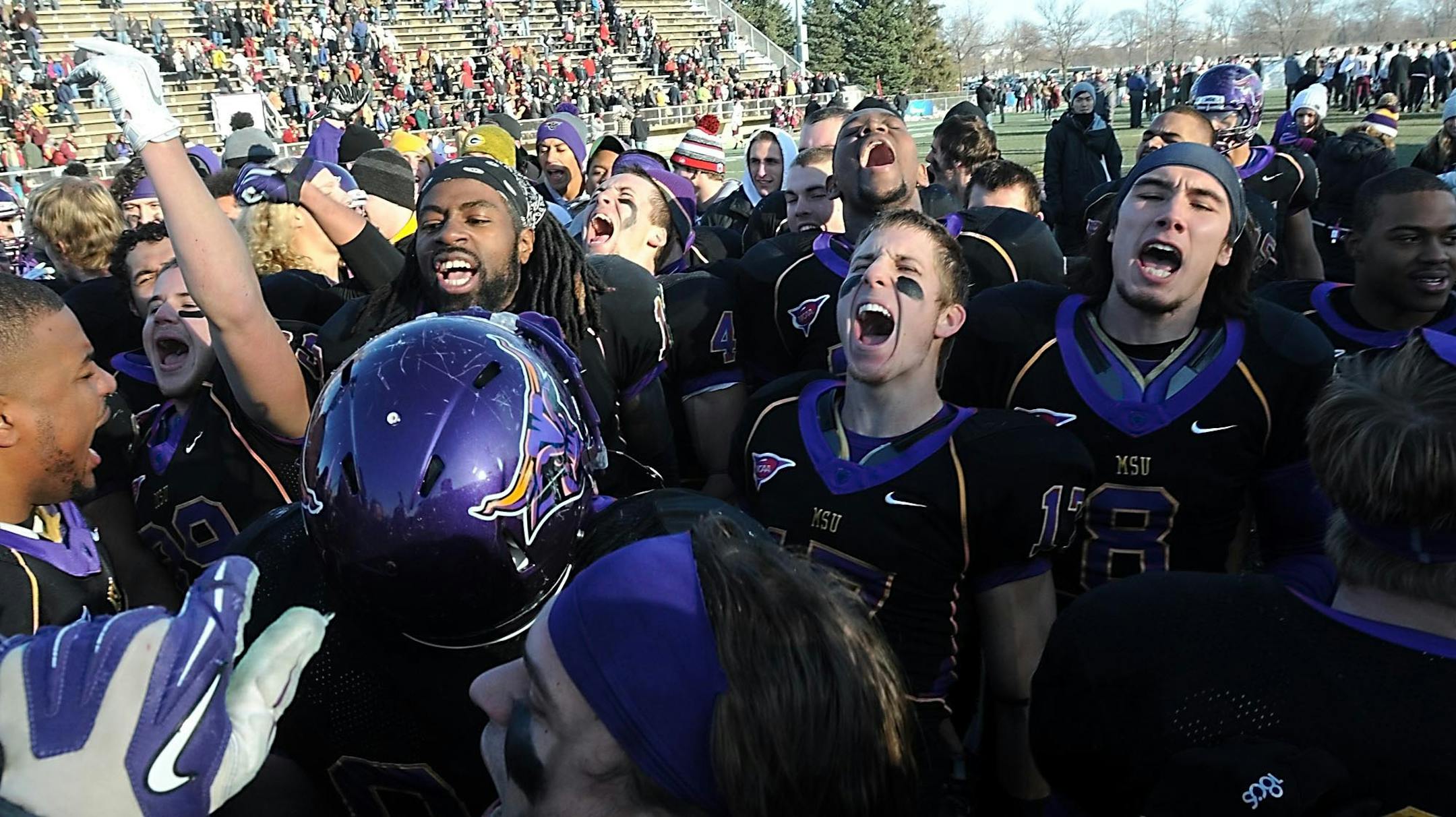 Minnnesota State players celebrate their win over the University of Minnesota Duluth in the NCAA Division II quarterfinal game Saturday at Blakeslee Stadium. Photo by Pat Christman/Mankato Free Press