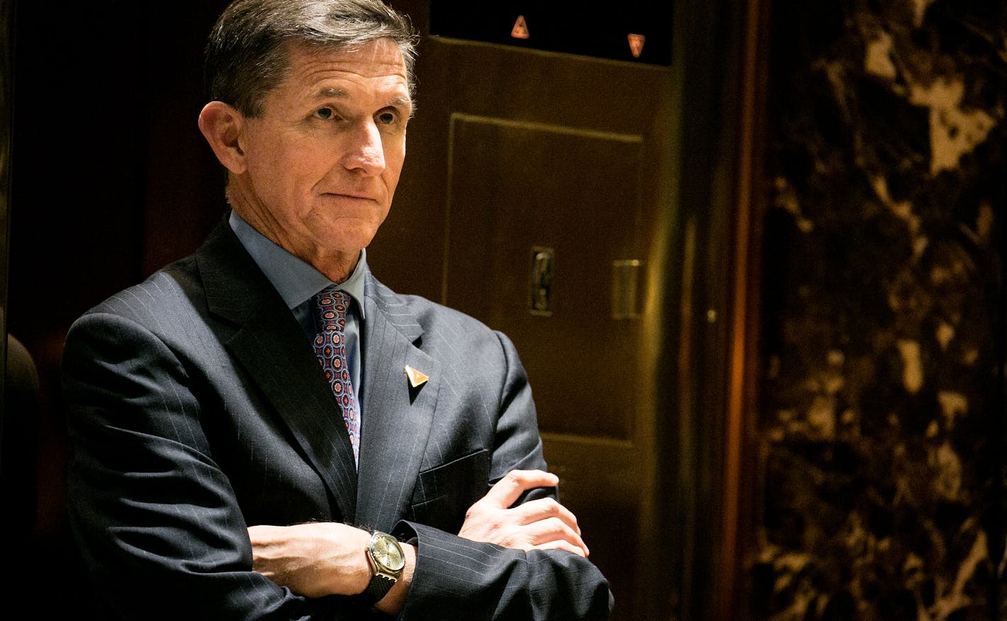 Retired Lt. Gen. Michael Flynn, who became President Donald Trump's national security adviser briefly, in the lobby of Trump Tower in Manhattan, Dec. 12, 2016.