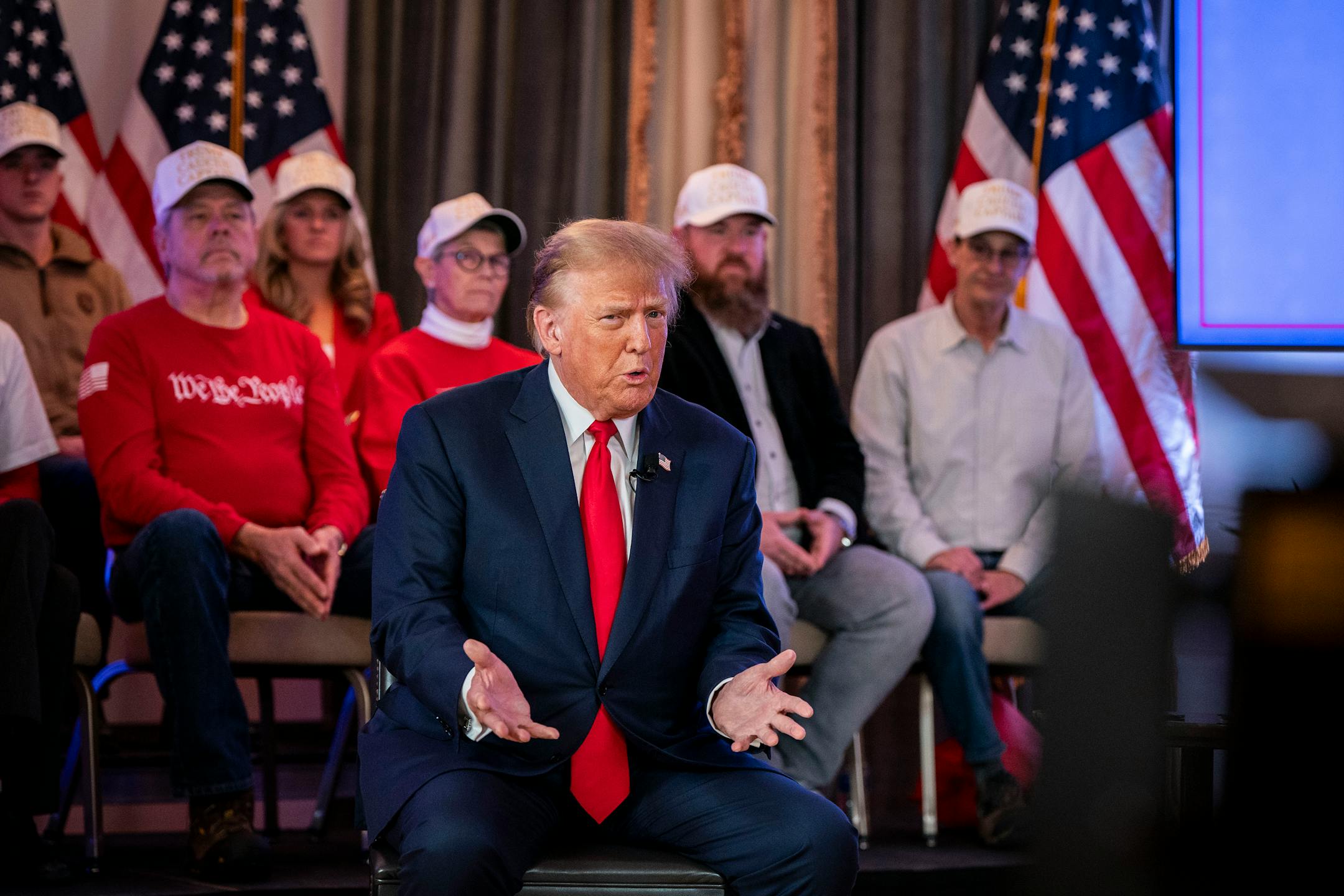 Former President Donald Trump participated in a livestream with Iowa's attorney general, Brenna Bird, at Hotel Fort Des Moines in Des Moines, Iowa on Saturday, Jan. 13, 2024. With the final weekend before the Iowa caucuses upon them, Republican presidential candidates are battling two forces — brutally cold temperatures and the threat of low voter turnout — as they navigate snow, icy roads and stiff, subarctic winds, and urge people to show up on Monday night. (Haiyun Jiang/The New York Times)