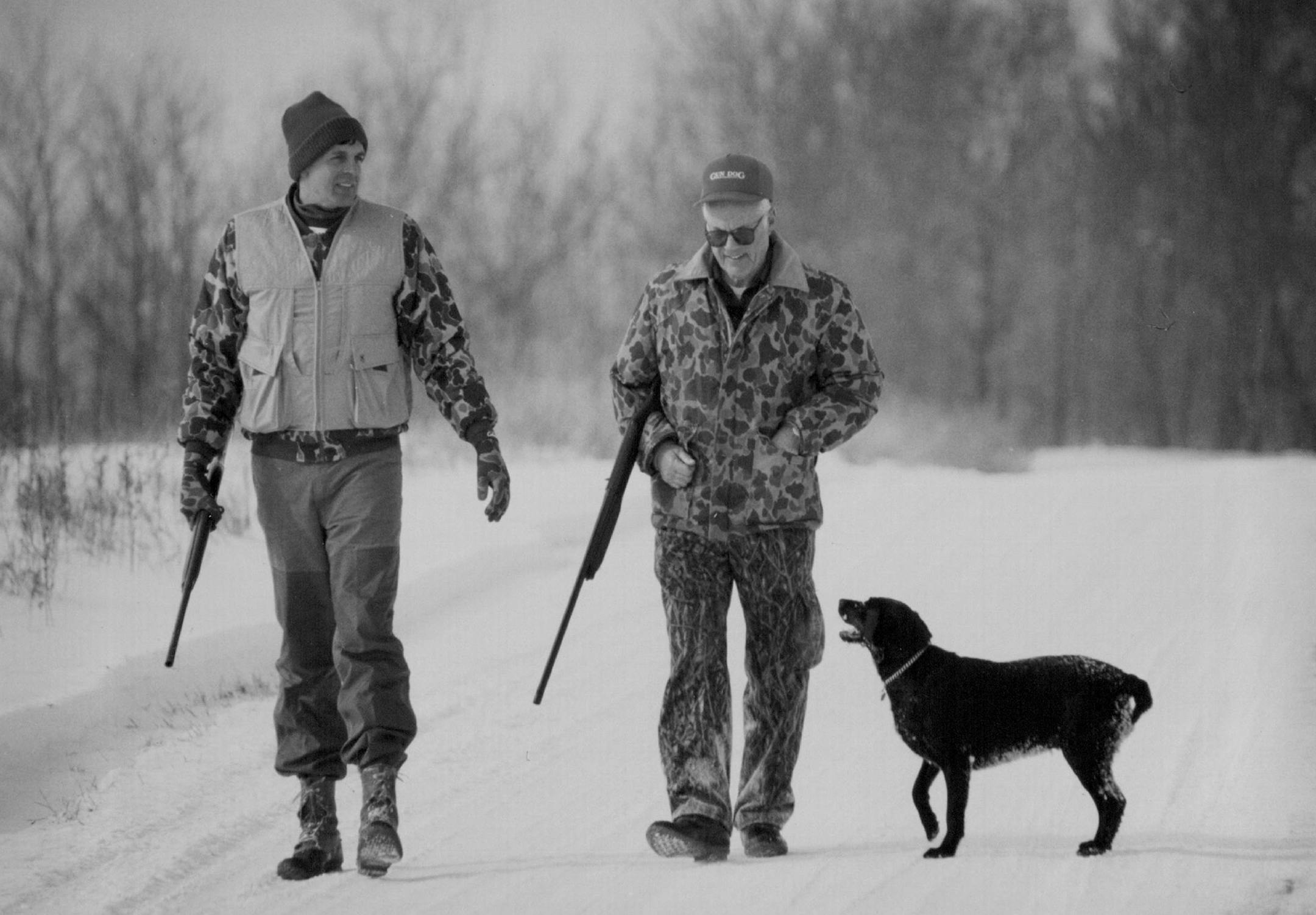 Bud Grant and his dog Maggie joined Kevin McHale for a morning pheasant hunt at Wild Wings Hunting Club in Hugo, Minnesota on February 6, 1994.