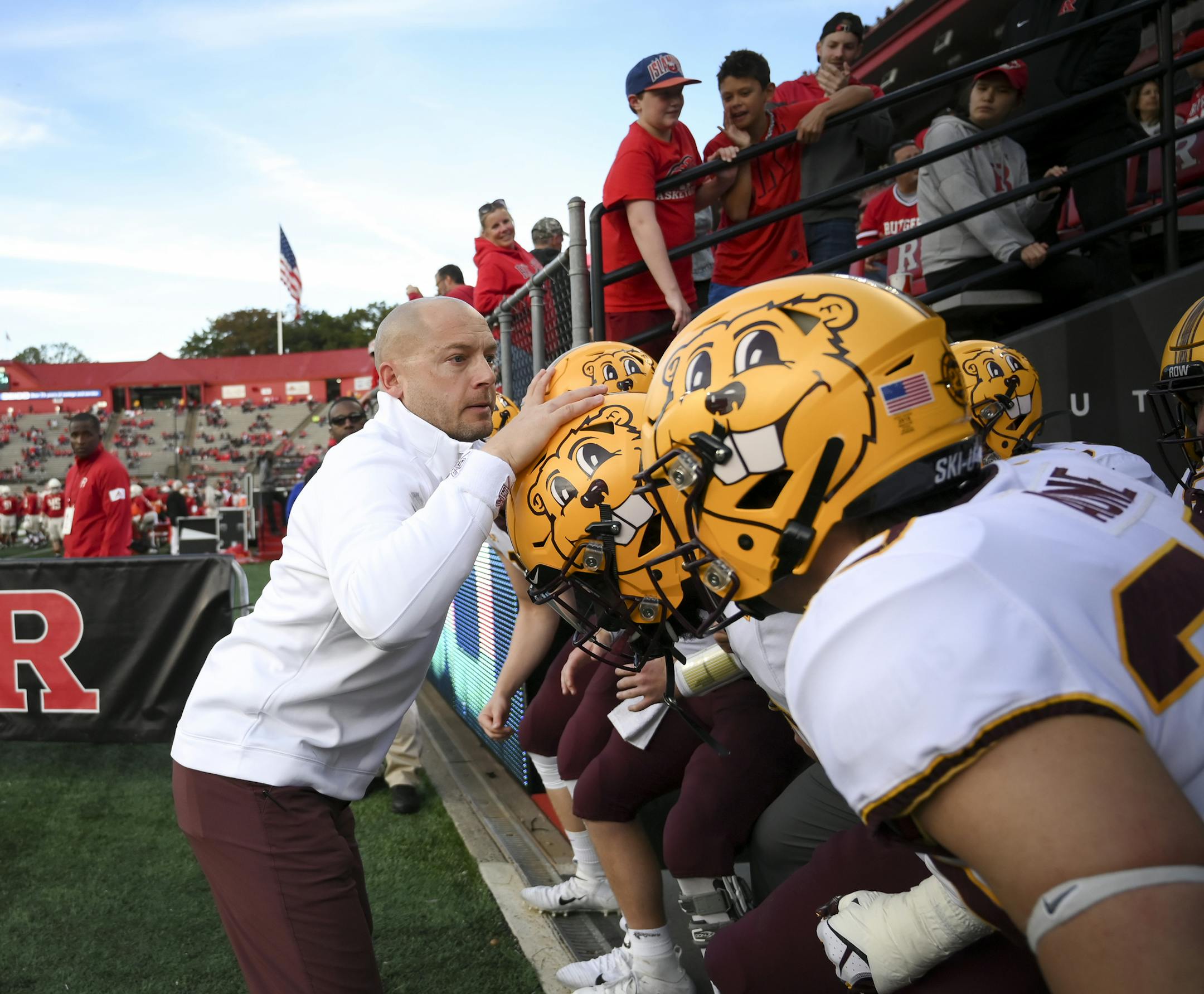 Gophers head coach P.J. Fleck led his team onto the field for the second half Saturday against Rutgers. ] Aaron Lavinsky &#x2022; aaron.lavinsky@startribune.com The Gophers played Rutgers on Saturday, Oct. 19, 2019 at SHI Stadium in Piscataway, N.J..