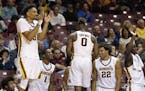 Minnesota's Jordan Murphy, left, applauded bench players as teammates celebrated the final moments of their team's 80-56 win over Mount St. Mary's in 