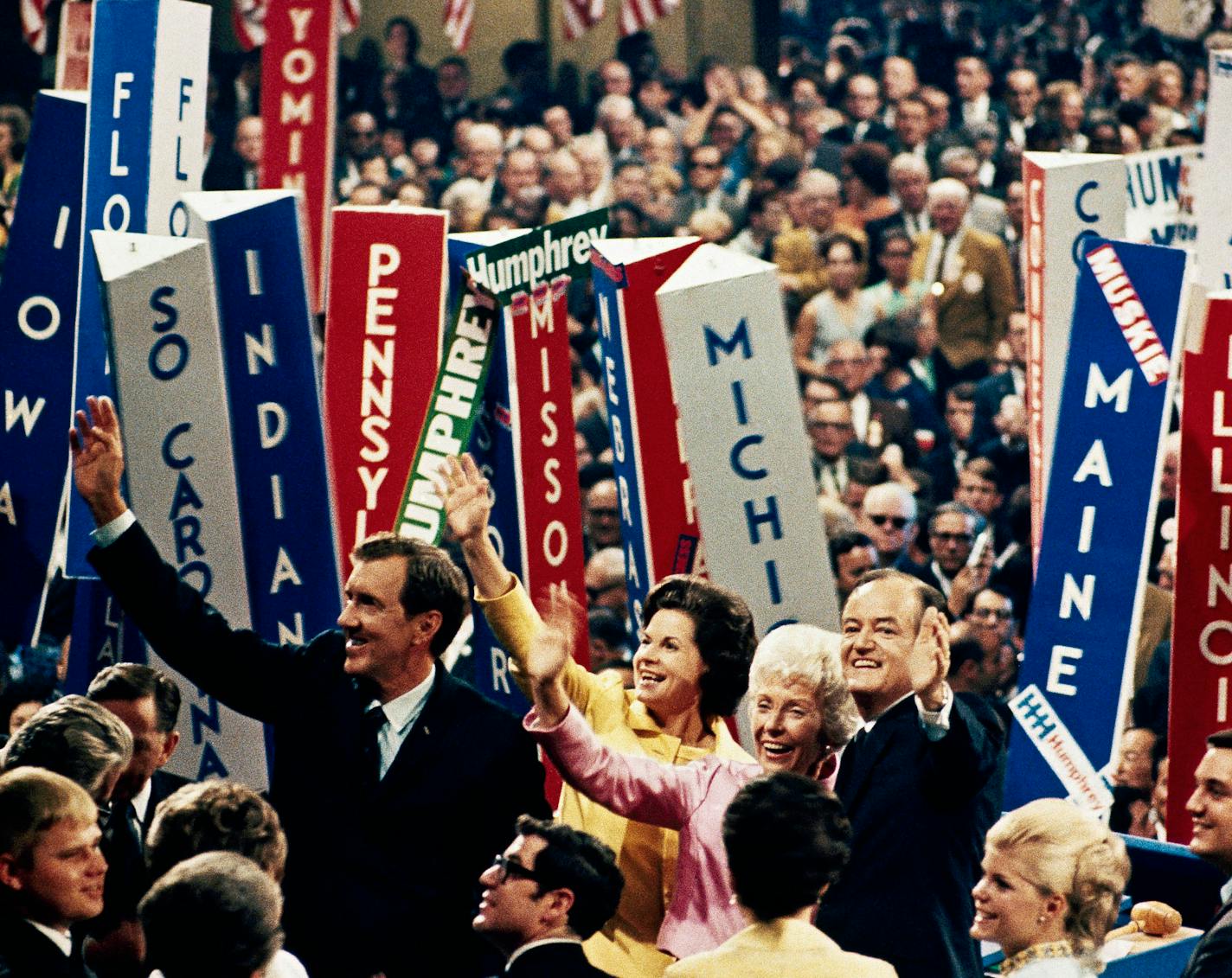 An Aug. 29, 1968 file photo shows Vice President Hubert Humphrey, right, and his running mate, Sen. Edmund S. Muskie, left, with their wives at the Democratic Convention in Chicago following their nomination for president and vice president. The events that occurred in the 1968 convention left scars that have yet to fully heal 40 years later as Democrats head to Denver to nominate their next presidential candidate. It is widely believed that the 1968 convention cost Humphrey the presidential ele