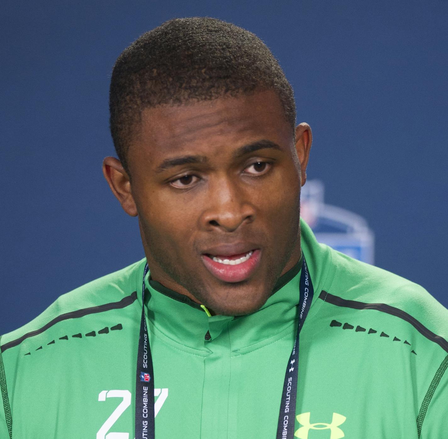 LSU defensive lineman Danielle Hunter talks with reporters during a news conference at the NFL football scouting combine at Lucas Oil Stadium in Indianapolis, Saturday, Feb. 21, 2015. (AP Photo/Doug McSchooler) ORG XMIT: INDM117