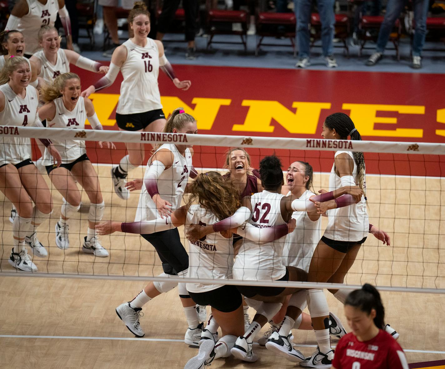 The Gopher volleyball team celebrated their come from behind win during the third game Sunday night, September 25, 2022 at the Maturi Pavilion in Minneapolis. The University of Minnesota women's volleyball team defeated the University of Wisconsin in three straight games. ] JEFF WHEELER • Jeff.Wheeler@startribune.com