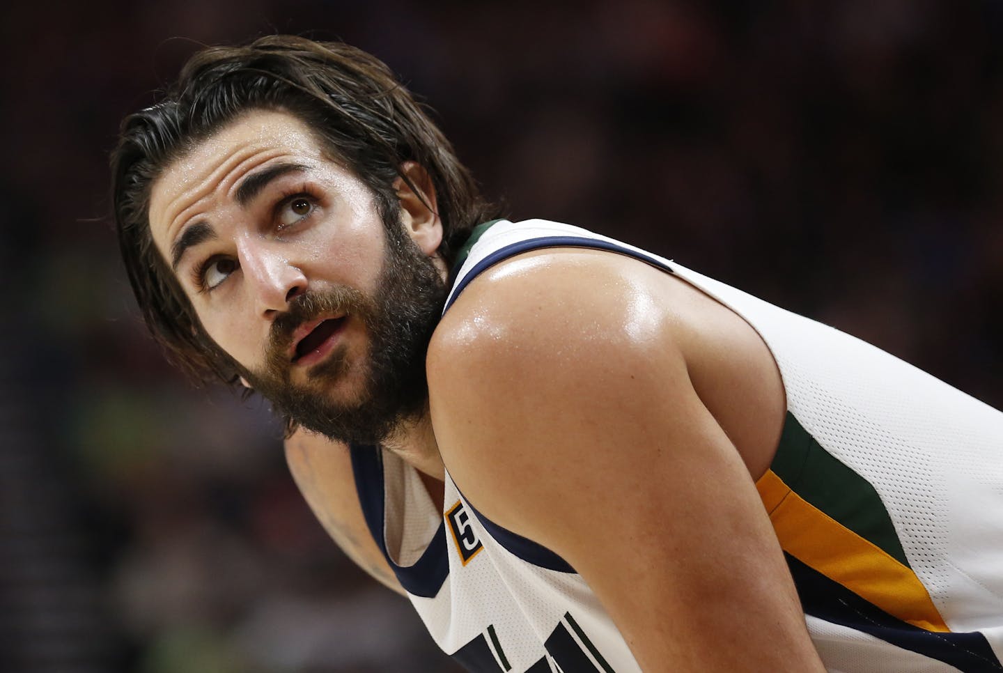 Utah Jazz guard Ricky Rubio (3) looks at the scoreboard in the second half during an NBA basketball game against the Denver Nuggets Wednesday, Oct. 18, 2017, in Salt Lake City. (AP Photo/Rick Bowmer)