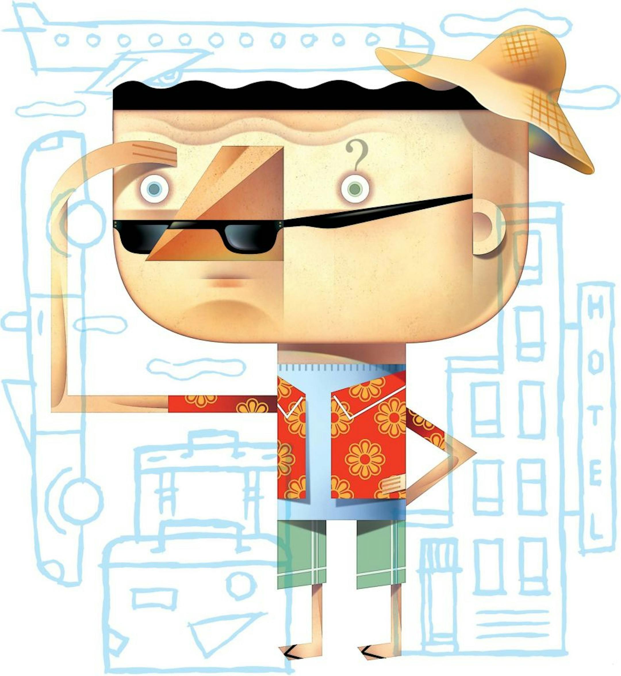 300 dpi Val B. Mina color illustration of puzzled tourist searching for luggage, car, airplane and hotel in background. The Sacramento Bee 2007<p> lost luggage illustration travel tourist summer vacation man hat hotel airplane hawaiian shirt mina look looking search searching 10000000, krtfeatures features, krtlifestyle lifestyle, krtnational national, krtworld world, leisure, LIF, krt, mctillustration, 10006000, 10007000, FEA, krttravel travel, LEI, tourism, aspecto aspectos viajes turista cami