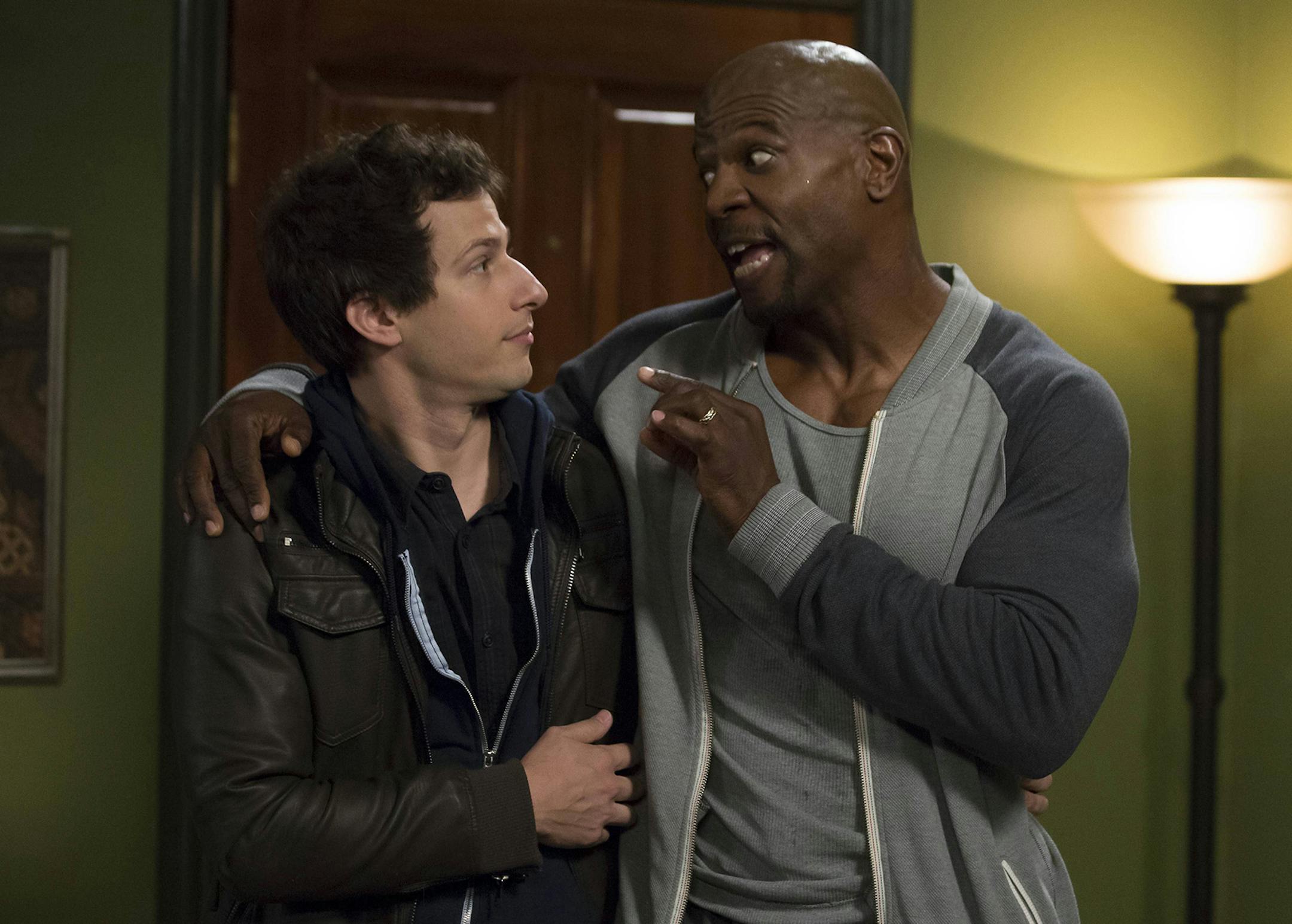 BROOKLYN NINE-NINE: Det. Jake Peralta (Andy Samberg, L) helps Sgt. Jeffords (Terry Crews, R) in the "Chocolate Milk" episode of BROOKLYN NINE-NINE airing Sunday, Oct. 5 (8:30 - 9:00 PM ET/PT) on FOX. ¬©2014 Fox Braodcasting Co. CR: John Fleenor/FOX