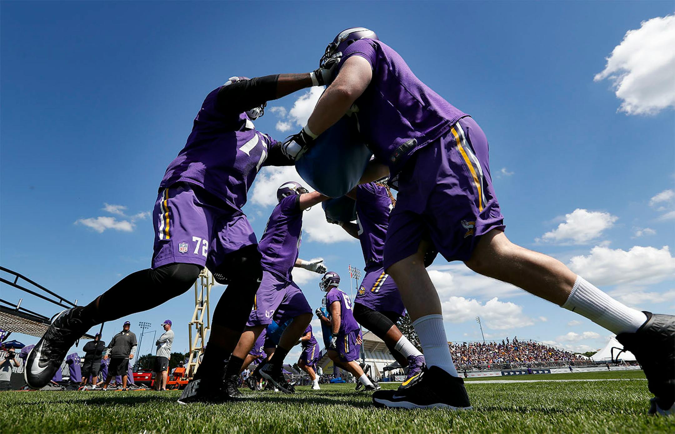 Vikings offensive lineman worked on drills during the afternoon practice on the first day of training camp in Mankato.