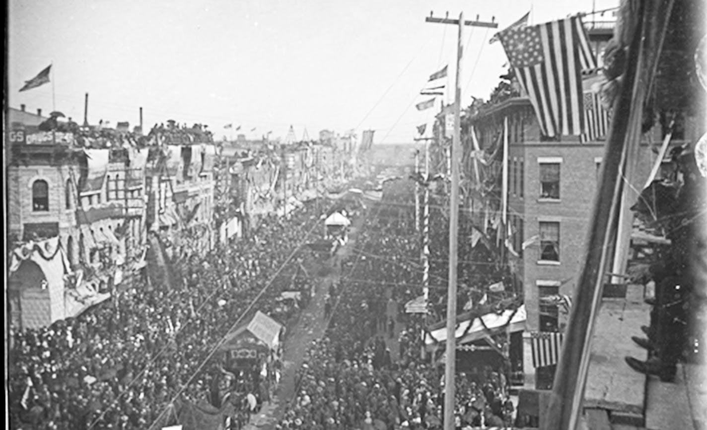 To celebrate completion of the Northern Pacific Railway's transcontinental line in 1883, the Twin Cities threw a massive daylong bash that attracted many of the area's 100,000 residents. (Courtesy of Minnesota History Center)