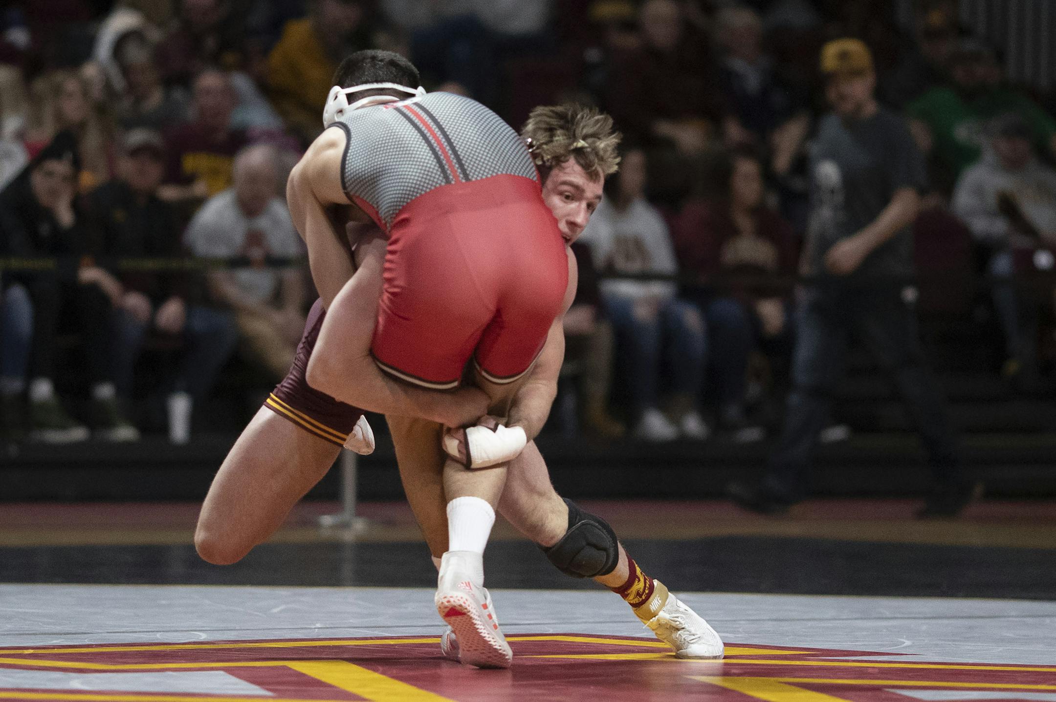 Gophers Steve Bleise took Rugers John Van Brill down and scored two points at Maturi PavilionSunday January 6, 2019 in Minneapolis,MN.] Bleise won the match 7-3. The University of Minnesota hosted Rutgers in Big Ten wrestling action at Maturi Pavilion. Jerry Holt &#x2022; Jerry.holt@startribune.com