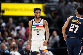 Minnesota Timberwolves guard Nickeil Alexander-Walker (9) in the second half of Game 2 of an NBA basketball first-round playoff series Wednesday, Apri