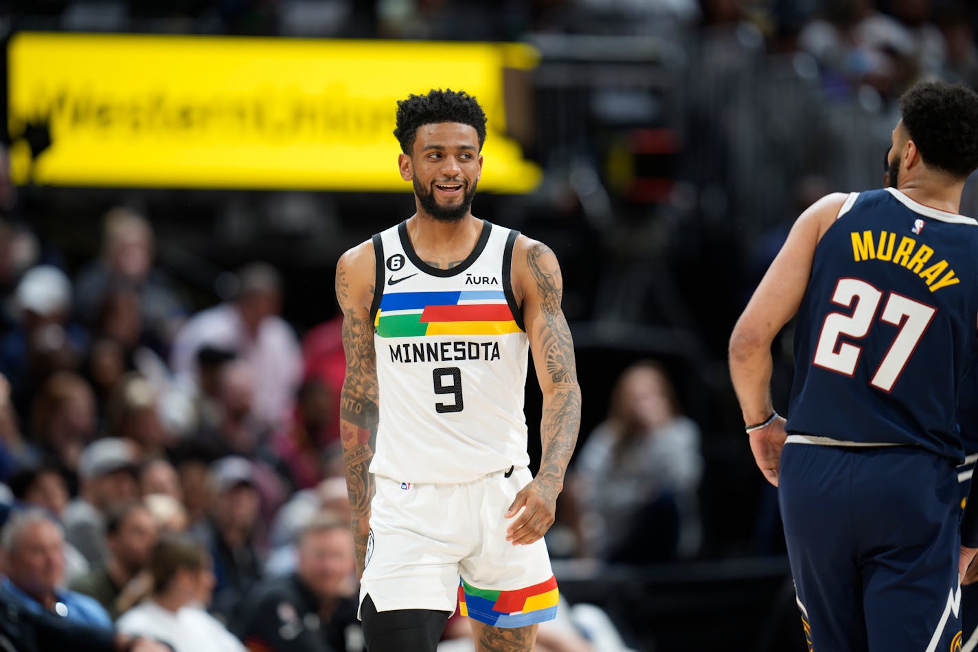 Minnesota Timberwolves guard Nickeil Alexander-Walker (9) in the second half of Game 2 of an NBA basketball first-round playoff series Wednesday, April 19, 2023, in Denver. (AP Photo/David Zalubowski) ORG XMIT: MER49058ae914458829c68ac420775ac