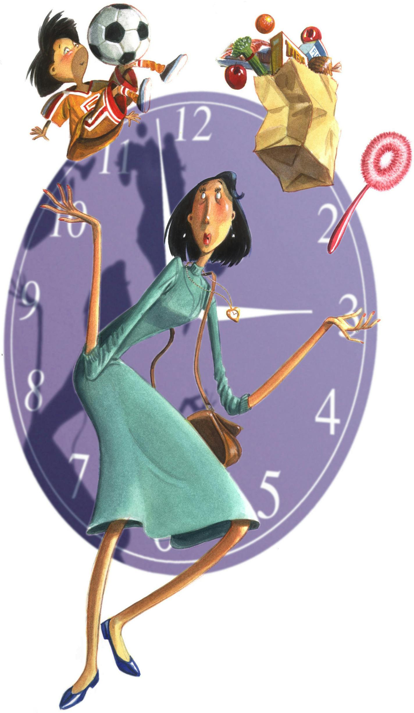 200 dpi 42p x 72p Tim Ludwig color illustration of working mother juggling child, groceries and cleaning in front of a clock. The Wichita Eagle 1999 With 981127 ARE YOU STRESSED OUT? and 980227 WOMEN IN THE WORKFORCE, KRT Interactive Web packages With 990326 MOTHERS AND EXERCISE, 990303 WHO RUNS ERRANDS and 970513 PARENTS POLL, KRT News in Motion animations