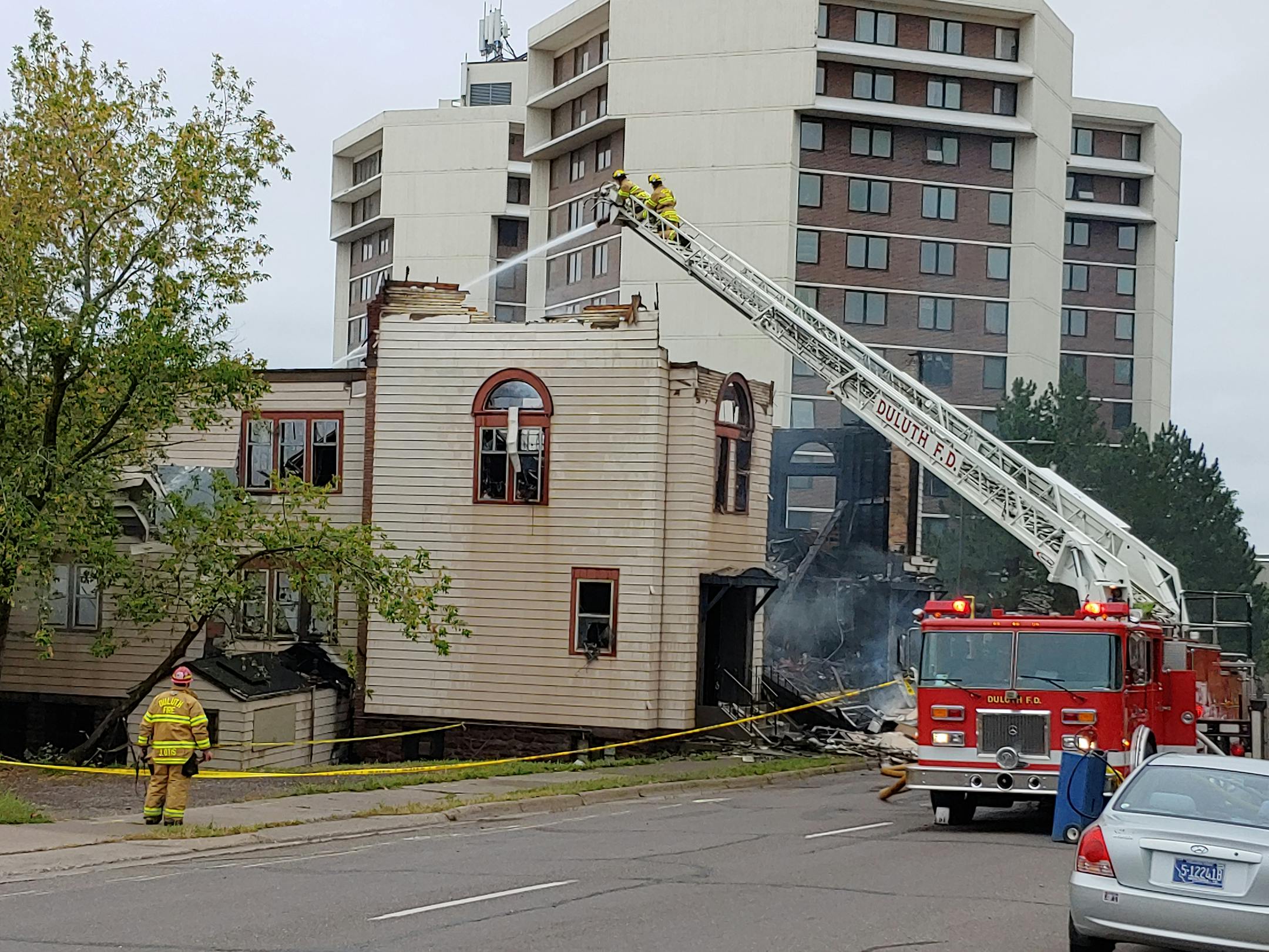 An overnight fire engulfed and destroyed a synagogue in downtown Duluth and continued to burn many hours later Monday morning.