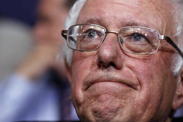 Former Democratic presidential candidate, Sen. Bernie Sanders, I-Vt., waits before asking that Hillary Clinton become the unanimous choice for Preside