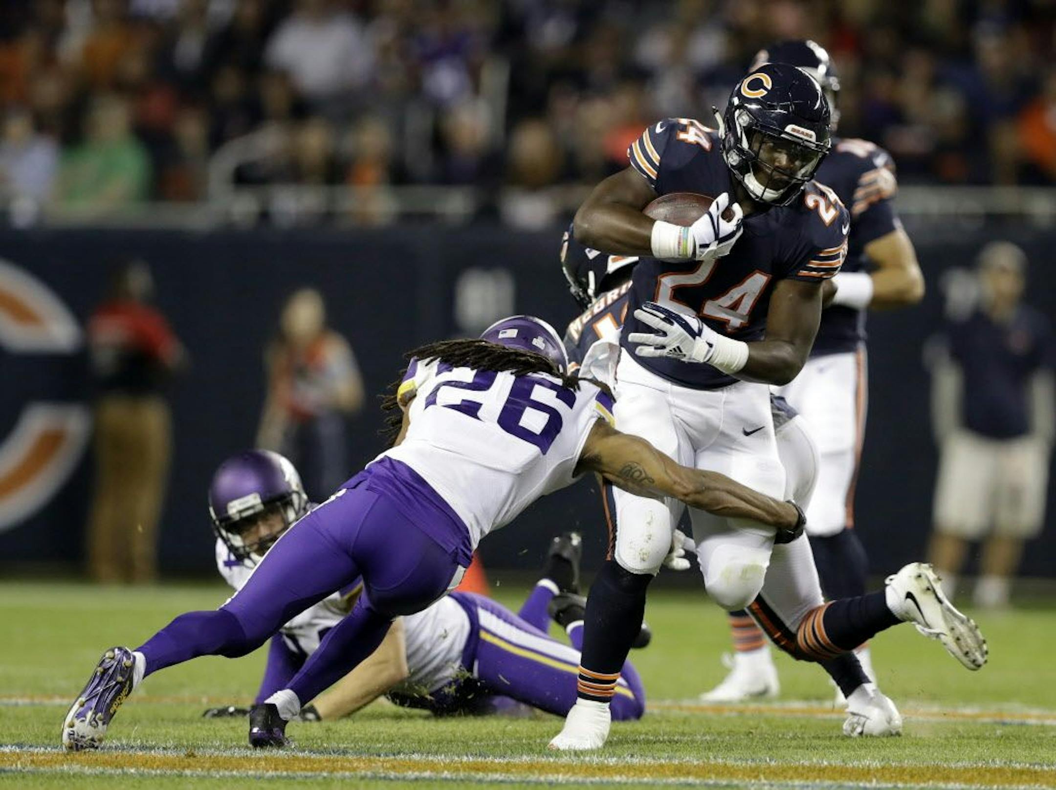 Vikings cornerback Trae Waynes tackles Bears running back Jordan Howard In October,.