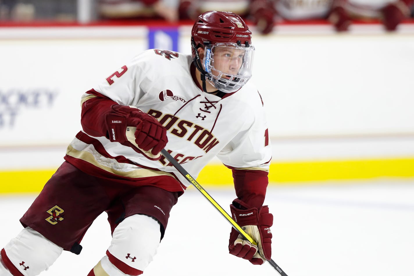 Boston College's Matt Boldy during an NCAA hockey game against Wisconsin on Friday, Oct. 11, 2019 in Chestnut Hill, Mass. (AP Photo/Winslow Townson)