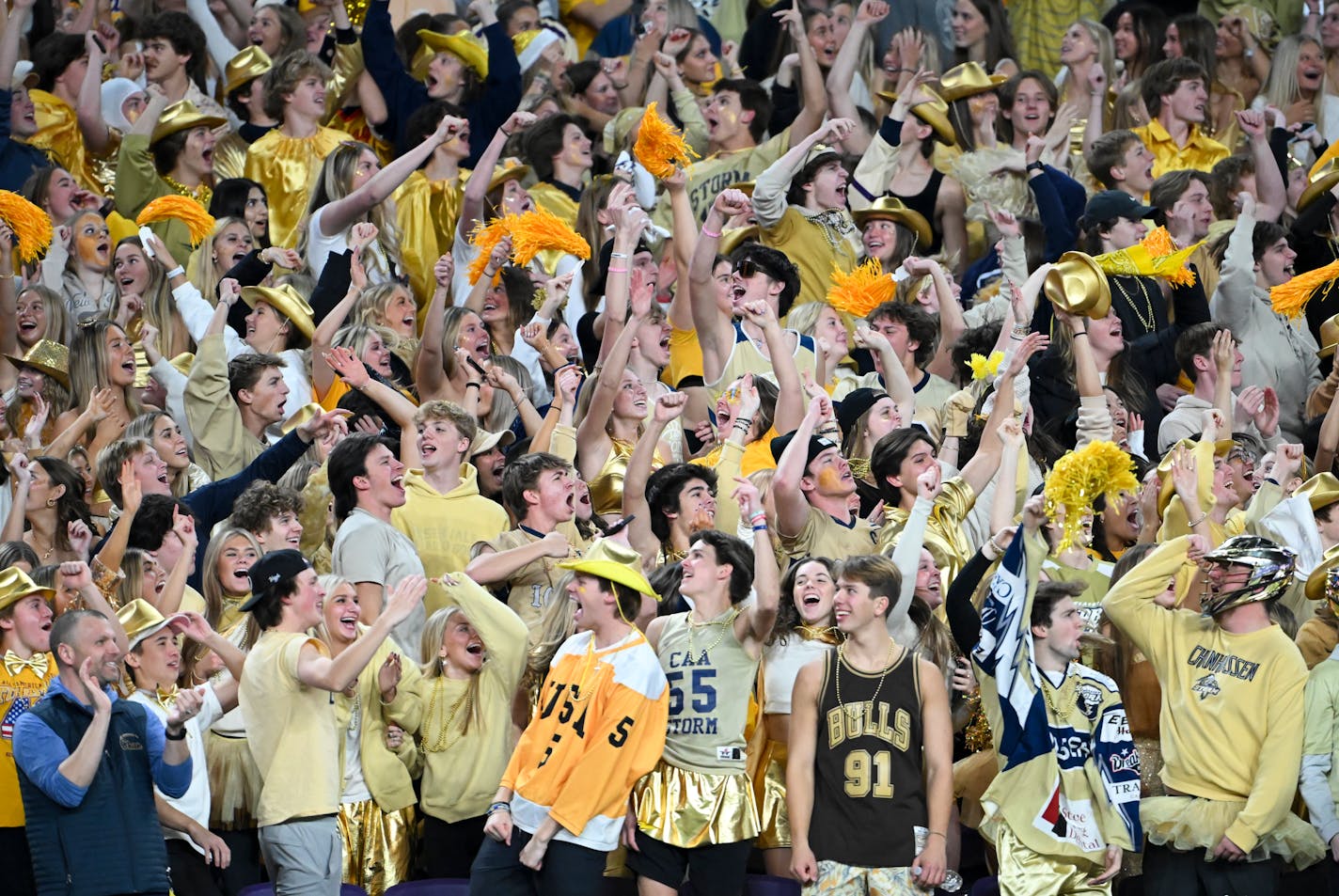 Chanhassen students celebrate a touchdown during the second half of the Class 5A football state championship game Saturday, Nov. 25, 2023 at U.S. Bank Stadium in Minneapolis, Minn.. ] AARON LAVINSKY • aaron.lavinsky@startribune.com